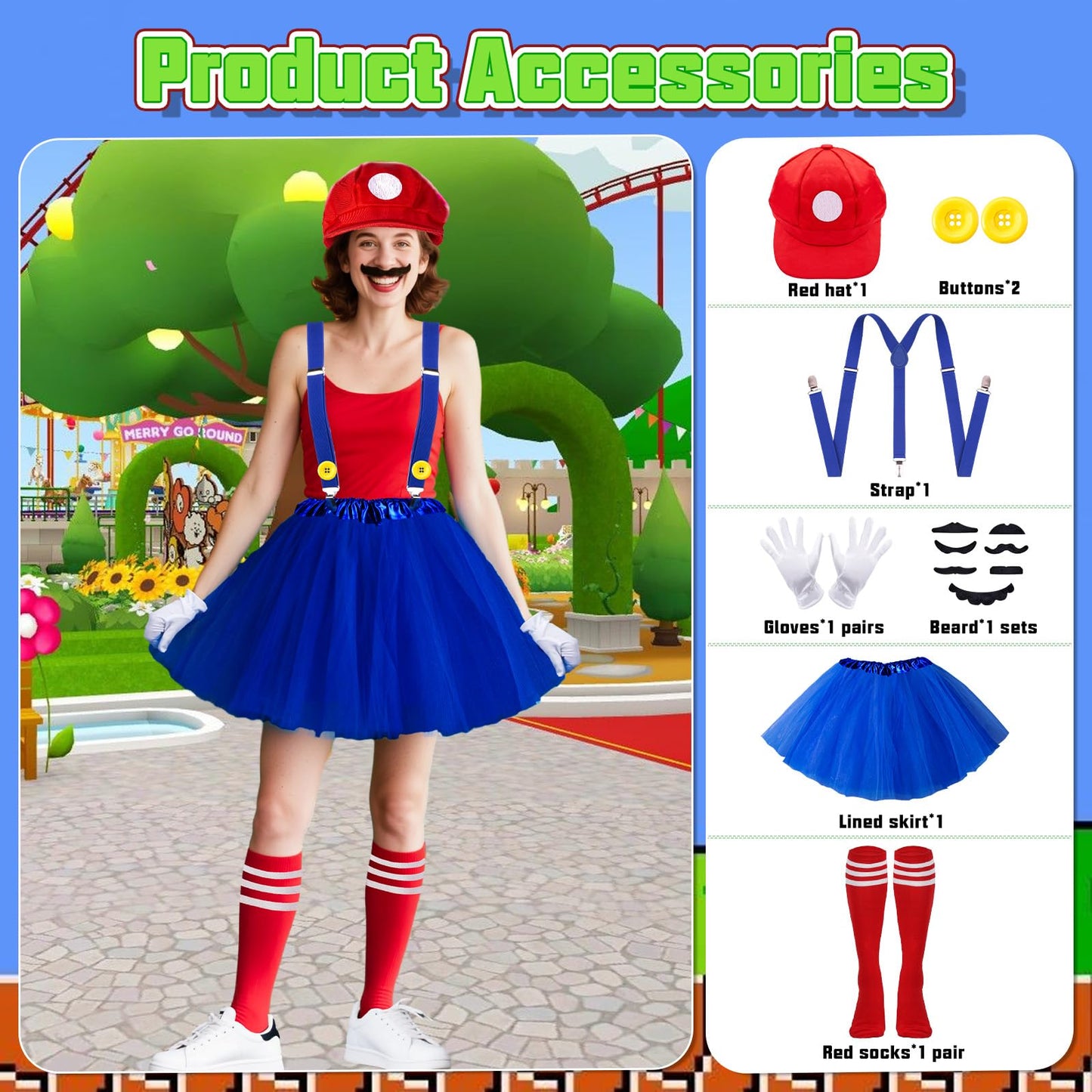 Ainvliya C2 World Book Day 2026 Costume Adults Women, Bros Costume Funny Carnival Costumes Accessories Hats, Tutu Skirt,Gloves, Suspenders, Buttons, Mustaches Cosplay Fancy Dress Party Set Girls Boys