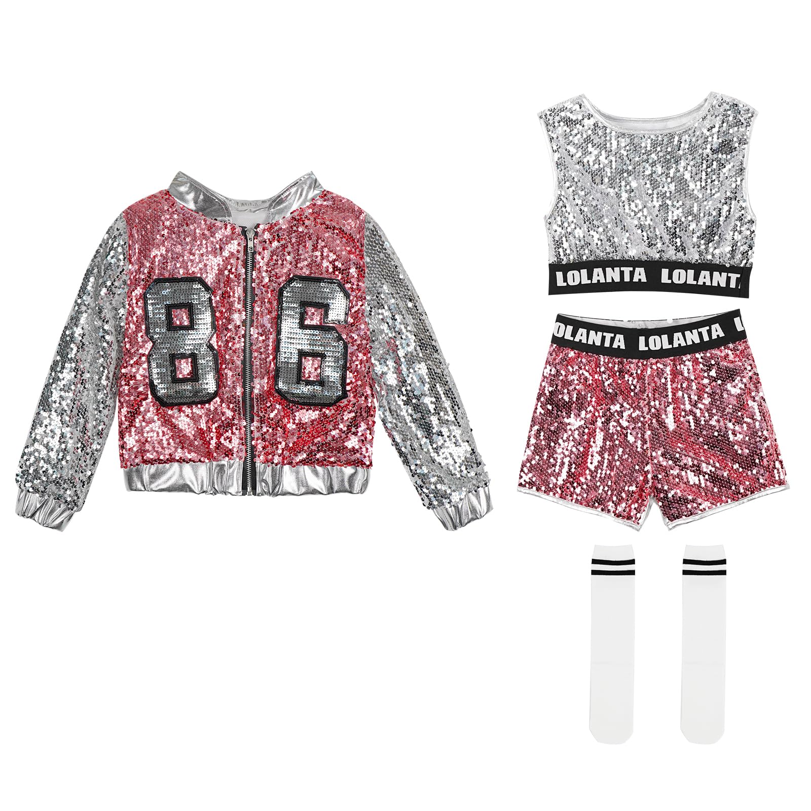 4-Piece Girls Hip Hop Sequins Costume - Sparkly Graphic Jacket (image 6)