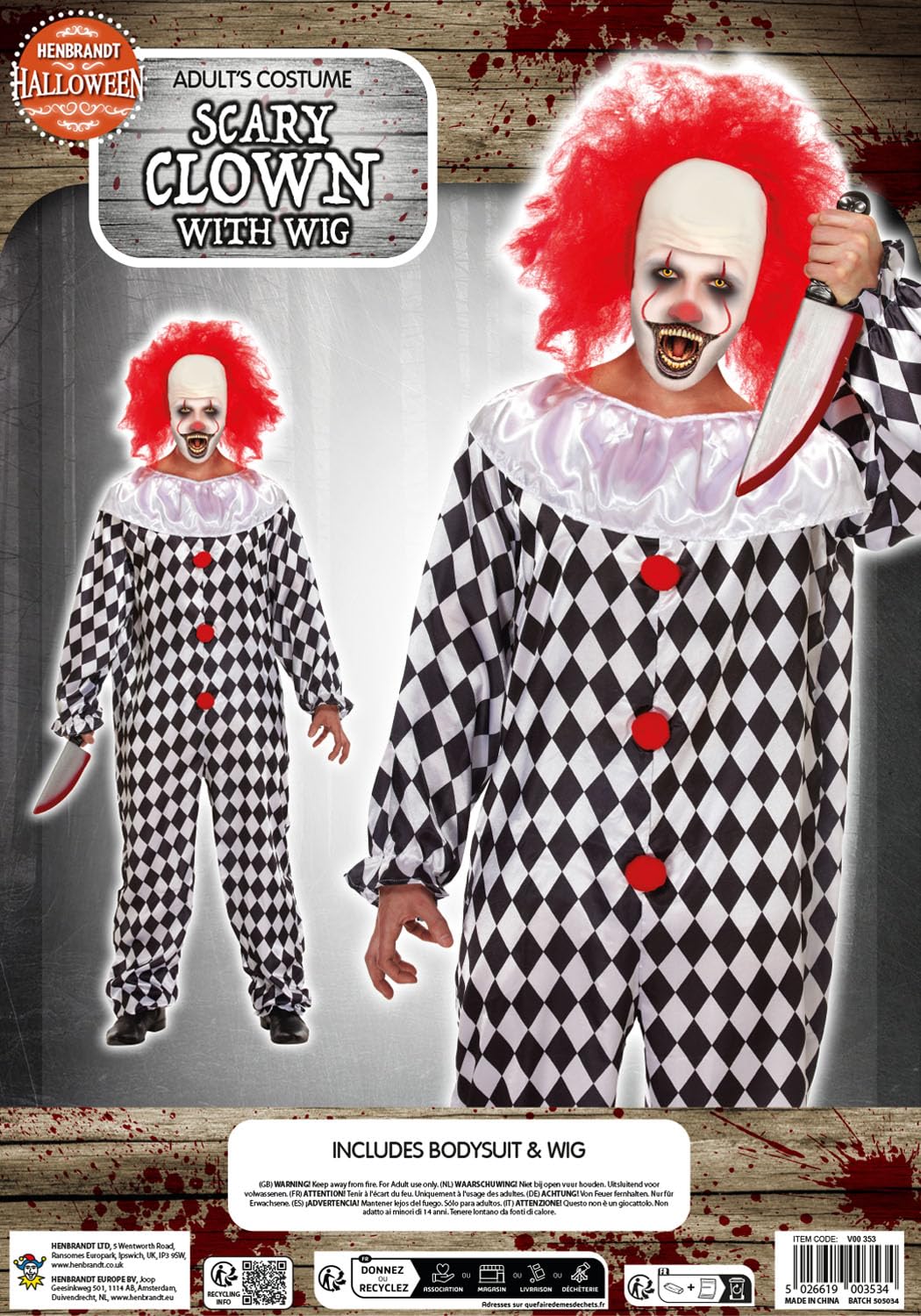 Scary Clown with Wig Halloween Fancy Dress Costume (image 4)