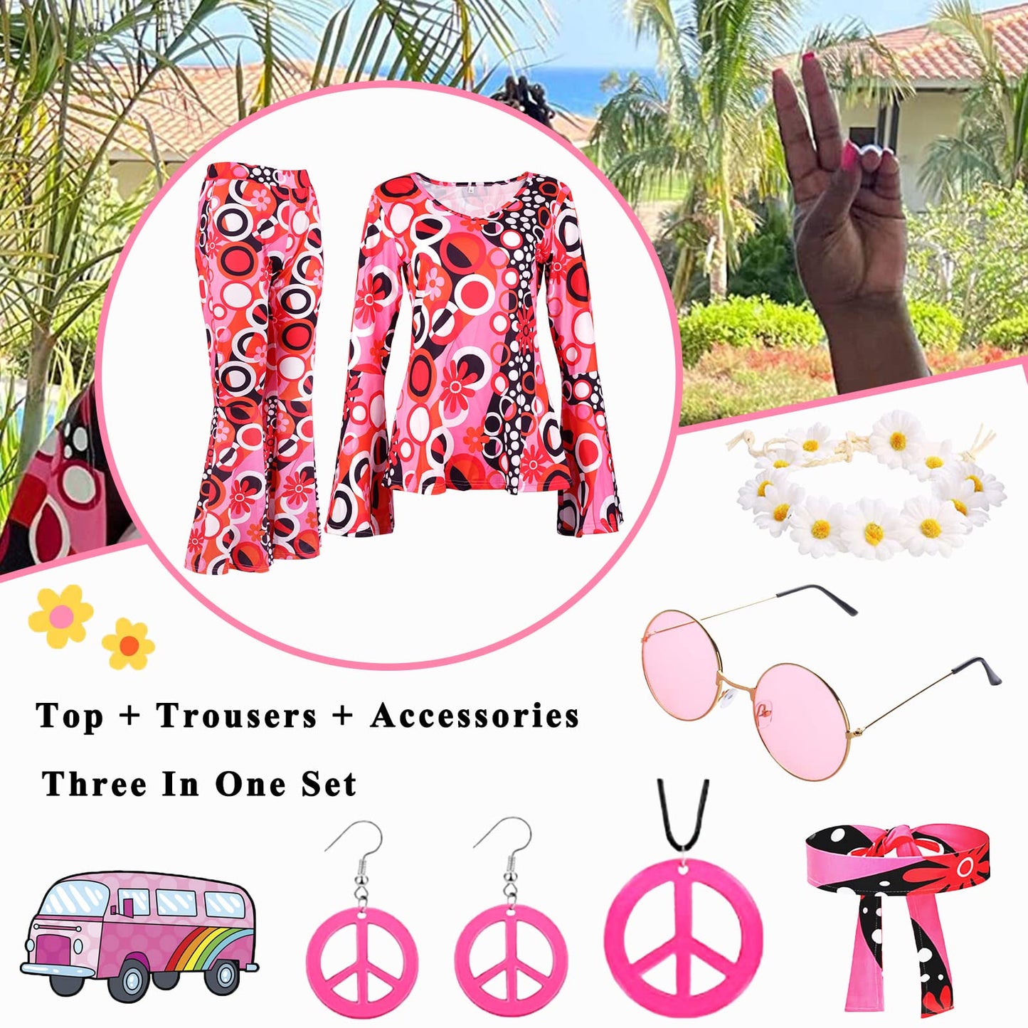 YADODO 60s 70s Fancy Dress Women Disco with Hippie Costume Flared Trousers Clothes Hippy Accessories Fancy Dress for Women Adult 1970s 1960s 70 Style Ladies Pink Flower Power
