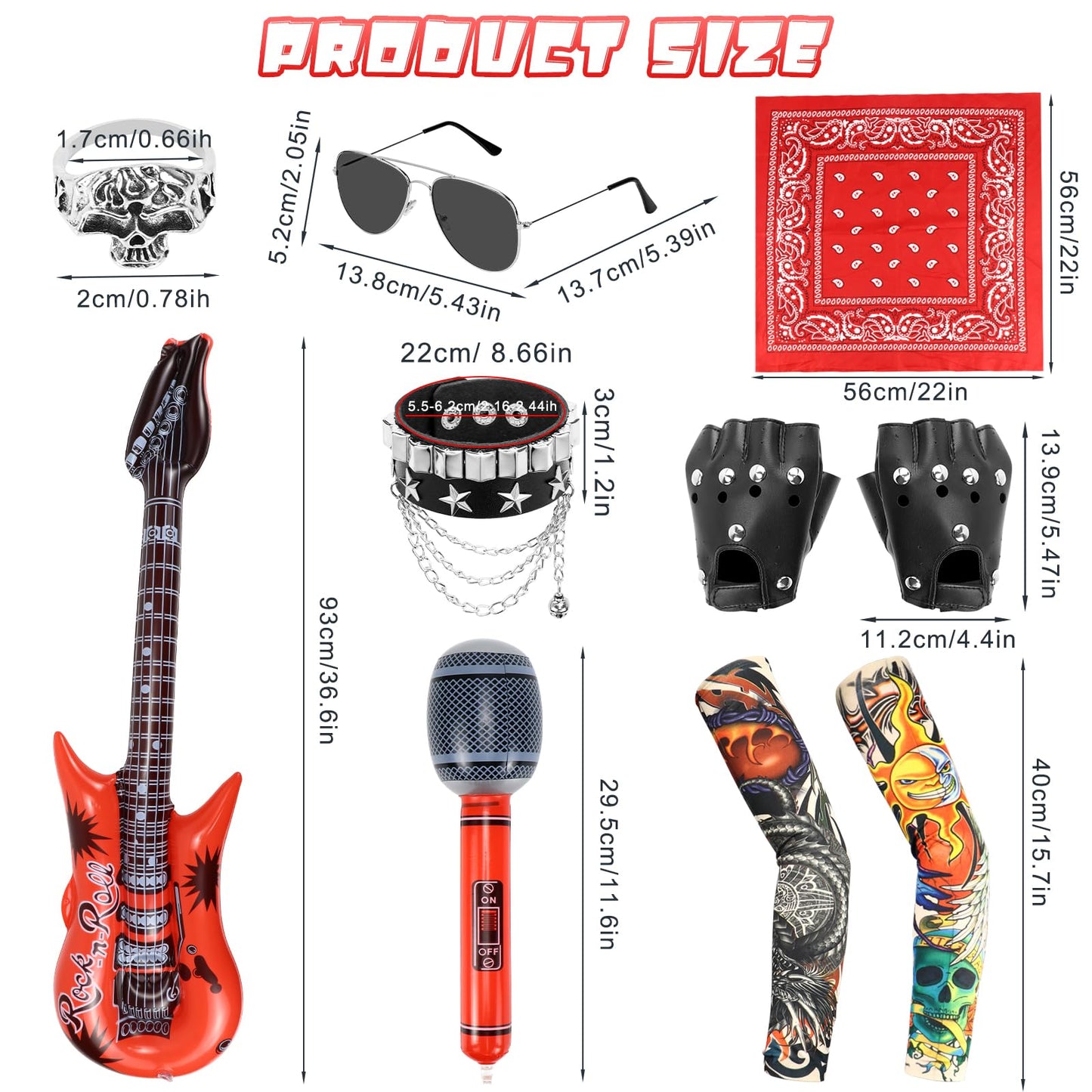 Dreamtop 10Pcs Punk Rockstar Fancy Dress Gothic Rocker Costume Set Rock Star Accessories with Gloves Sunglasses Bandana Tattoo Sleeves Bracelet Ring Inflatable Guitar Microphone