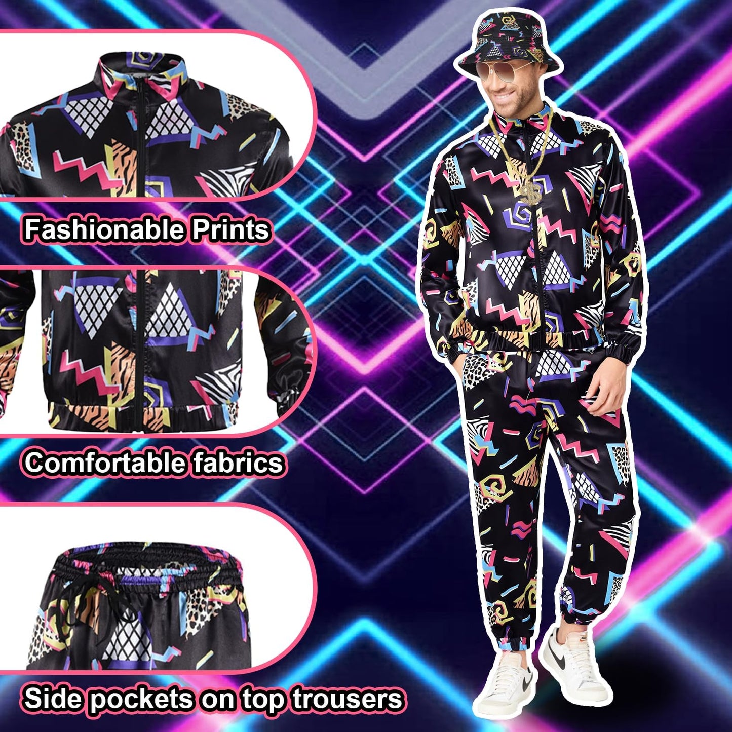 80s 90s Fancy Dress Men with Accessories, Retro 80s 90s Hip Hop Outfit for Adults, 80s Fancy Dress Set with 1 Sportswear Shirt Pant Hat Necklace Balloon Glasses, for 80s Party Carnival Rave (L)