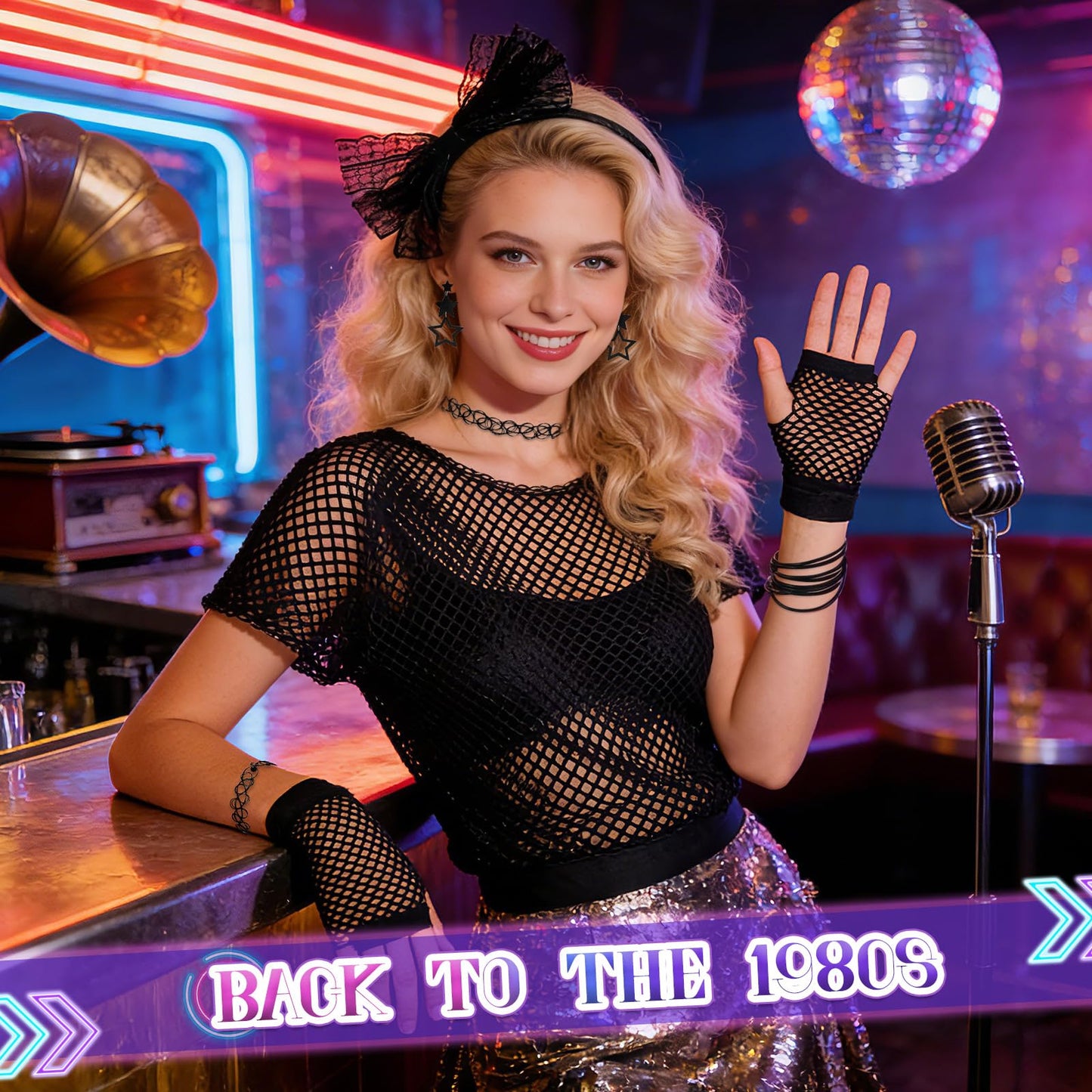 Dazzroi 80s Women Costume Accessories Set, 20Pcs 1980s Party Costume Set Includes Black Fishing Net T-shirt Gloves Headband Earrings Scrunchie Necklace Bracelets Ring for Retro 80s Party