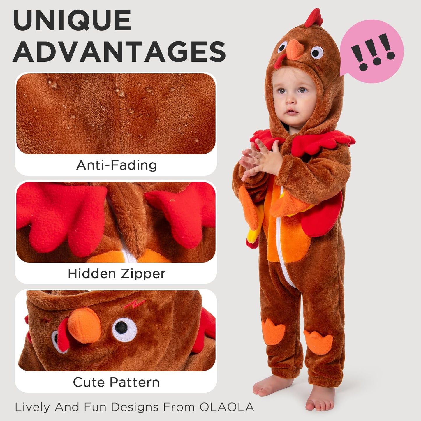 OLAOLA Toddler Onesie Unisex Soft Flannel Romper Baby Animal Costume Outfit Infant Cartoon Hooded Jumpsuit (Turkey, 18-24 Months)