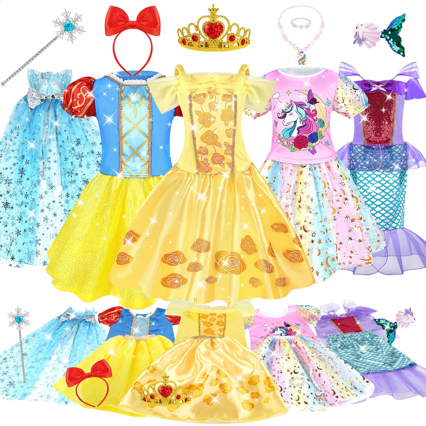 Dreamon Princess Costumes for Girls 5 Sets Princess Dress Up for Kids Fancy Dress Toddler Clothes for 3 4 5 6 Years Old Girls Christmas Birthday Carnival Gifts