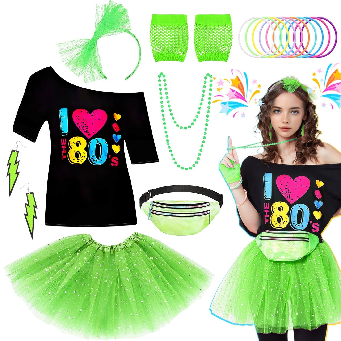 Glirop Ladies 80s Fancy Dress Costume, 1980s Costume Outfits Accessories Set with T-Shirt Tutu Skirt Bag Gloves Headband Earrings Necklace Bracelets for Women Girls Retro Theme Hen Party