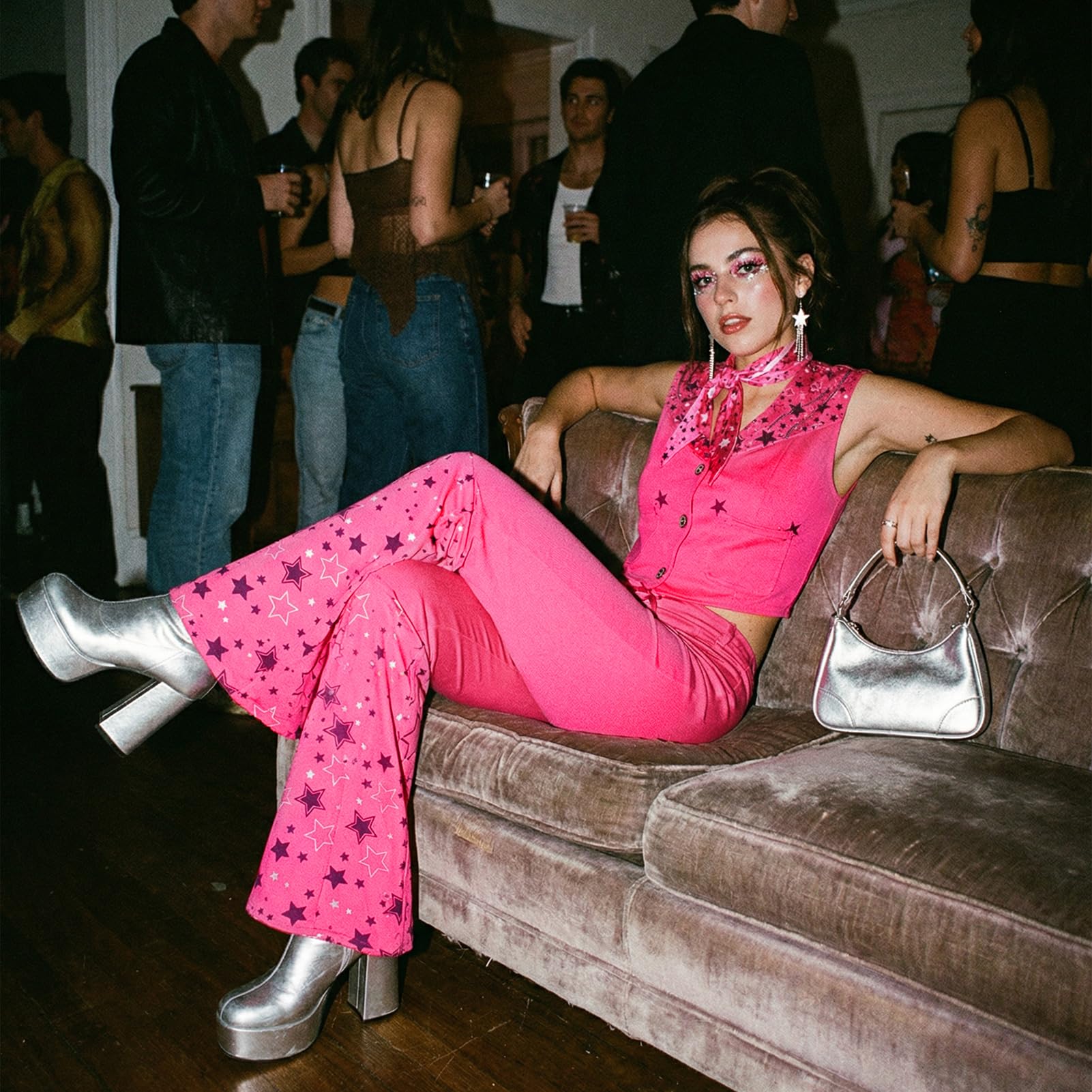 70s Retro Hot Pink Disco Costume - Women's Cowgirl Hippie Flare (image 4)