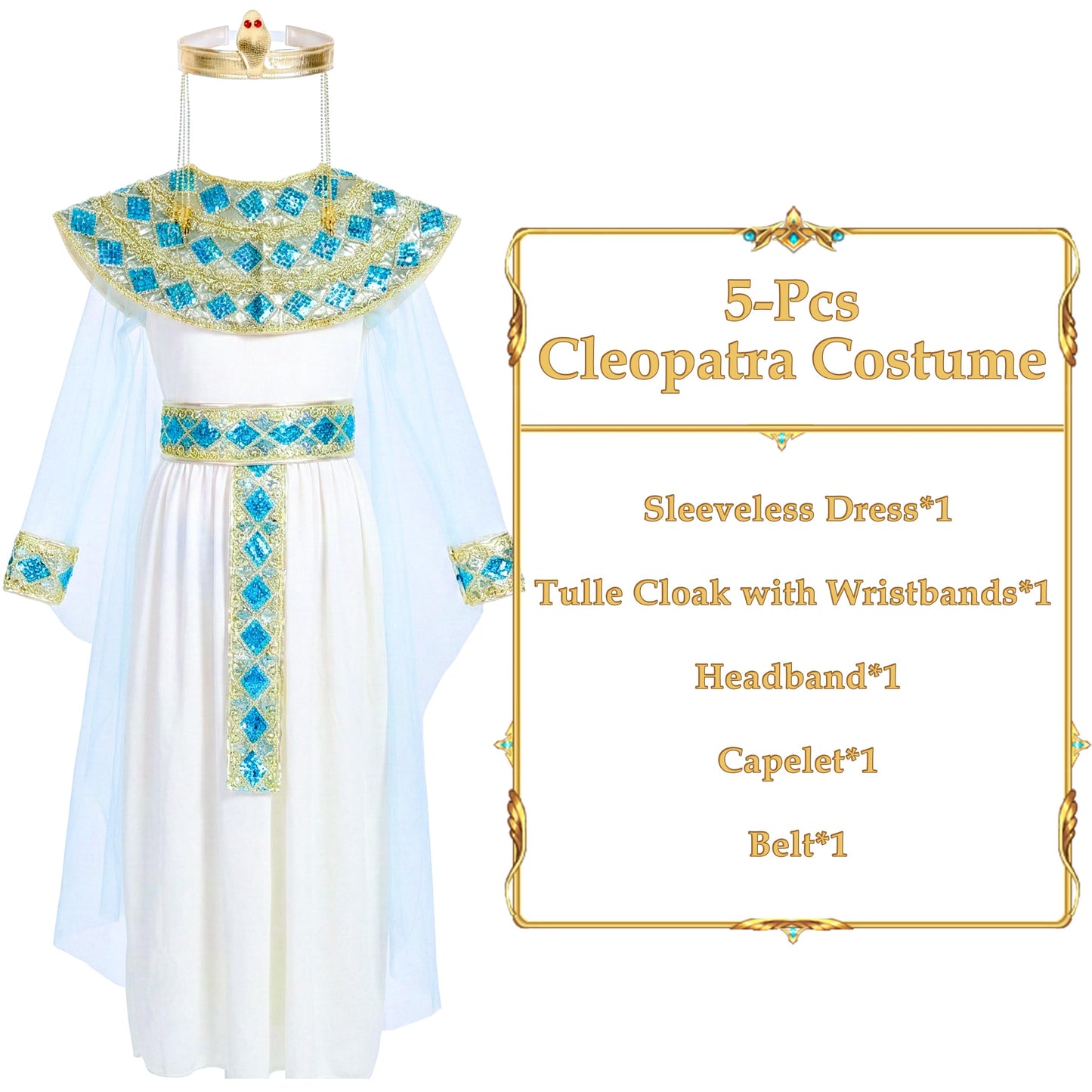 IKALI Girls Cleopatra Costume, 5 Pcs Egyptian Queen Dress Ancient Outfit for Kids Egyptian Girl World Book Day 8-10 Years