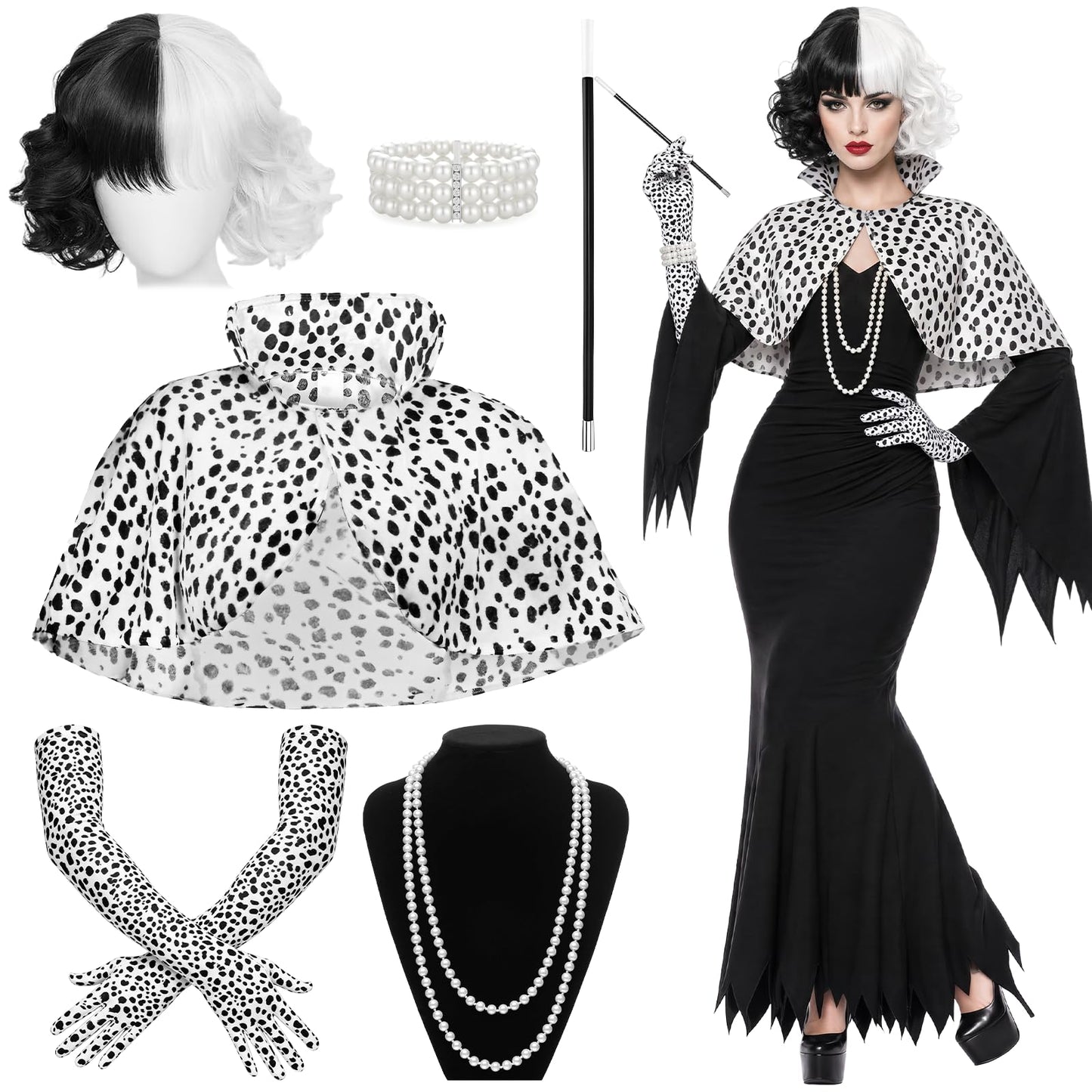 Cruella Costume Accessories Set for Women - Villain Fancy Dress Kit