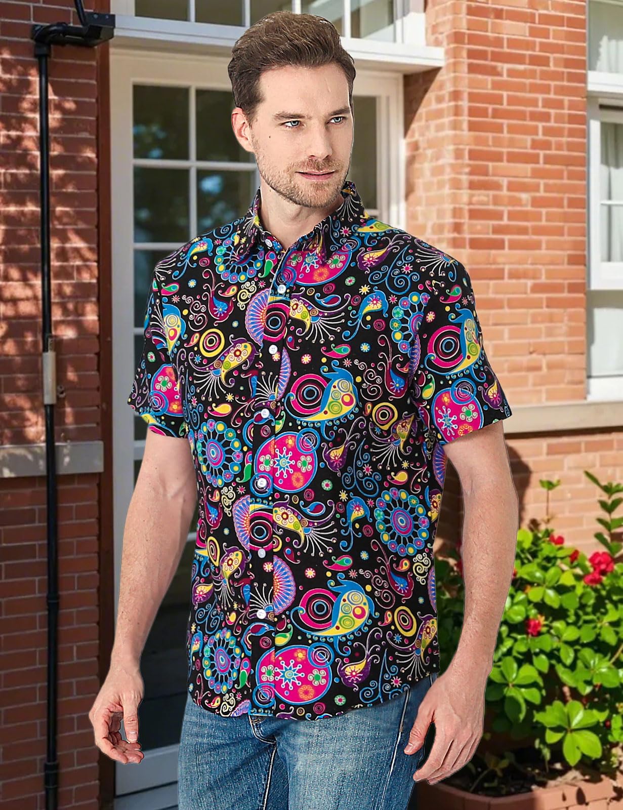 COSAVOROCK Mens 70s Hippie Shirt Hippy Fancy Dress Ugly Funky Casual Hawaiian Shirts L