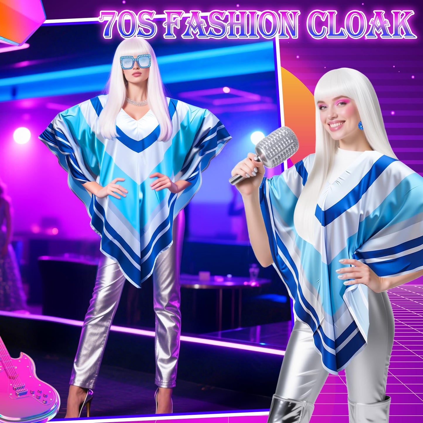 Kyndara 5Pcs Abba Fancy Dress Costume for Women, 1970s Disco Accessories Set with Disco Poncho Hat Wig Earrings Glasses for Adults Retro 70 Theme Party Dance
