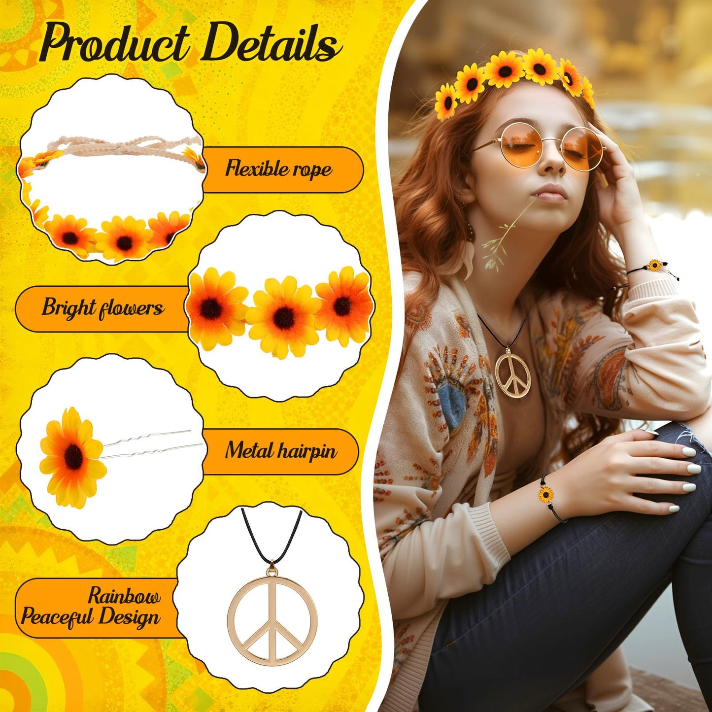 GSrenyu 9 PCS Hippie Accessories, Hippie Costume for Women Includes Sunflower Headband, Flower Sunglasses, Daisy Hair Fork, Sunflower Bracelet, Peace Sign Necklace for 70s 80s Fancy Dress