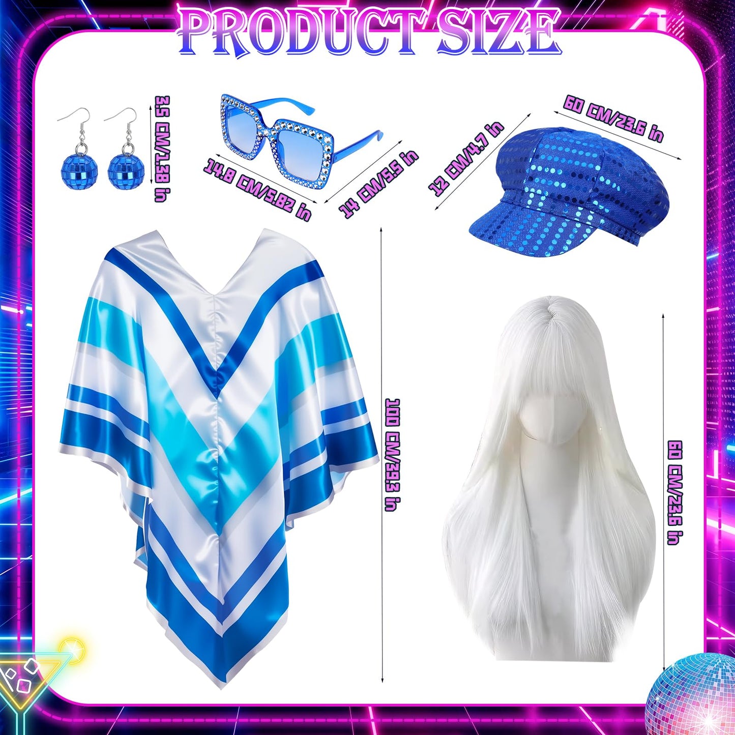 Kyndara 5Pcs Abba Fancy Dress Costume for Women, 1970s Disco Accessories Set with Disco Poncho Hat Wig Earrings Glasses for Adults Retro 70 Theme Party Dance