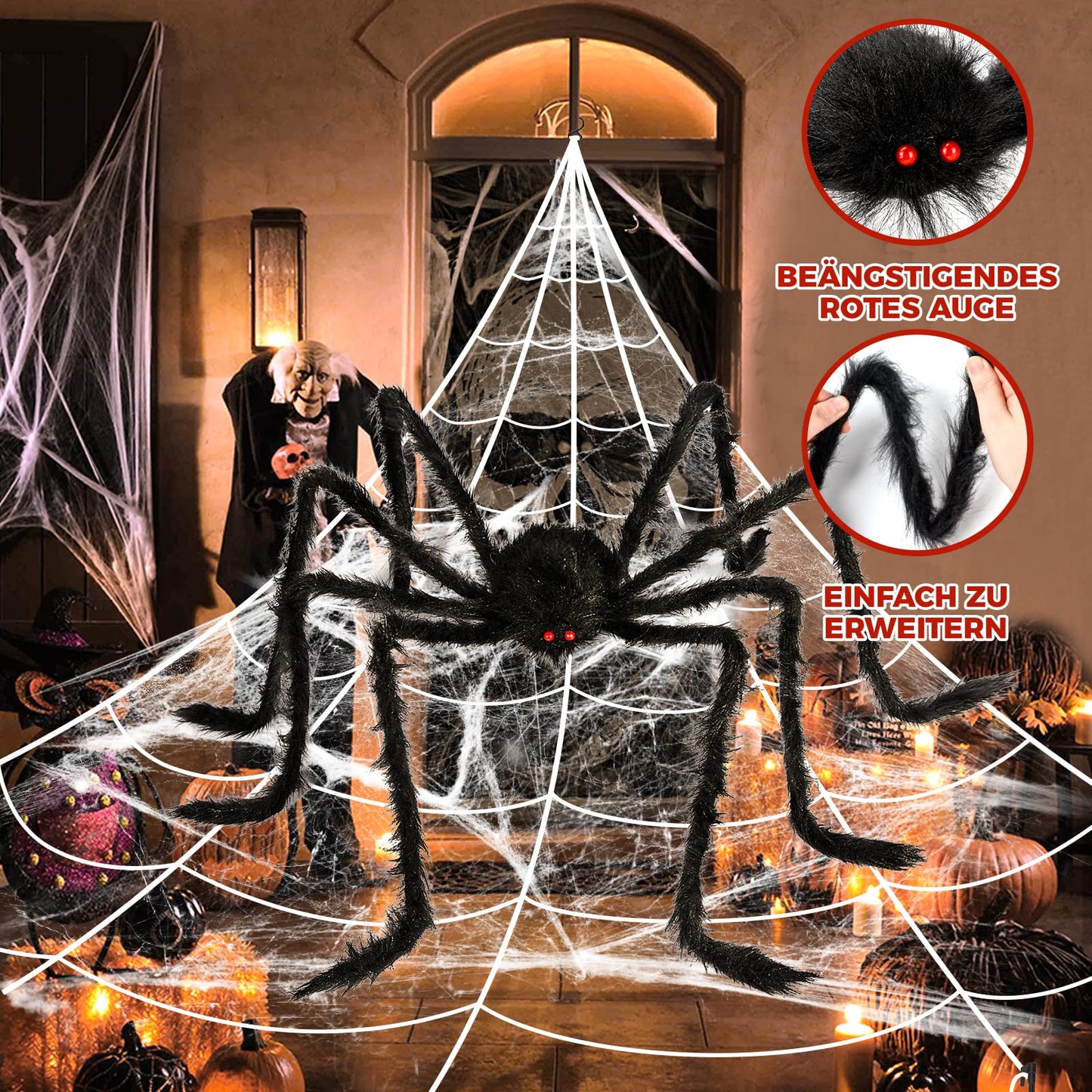 BOSONER Halloween Decorations, 1Pcs 50'' Giant Spider + 200” Triangular Spider Web, with Hook, Stretch Web and Ground Stakes for Indoor Outdoor Halloween Decor Haunted House Props