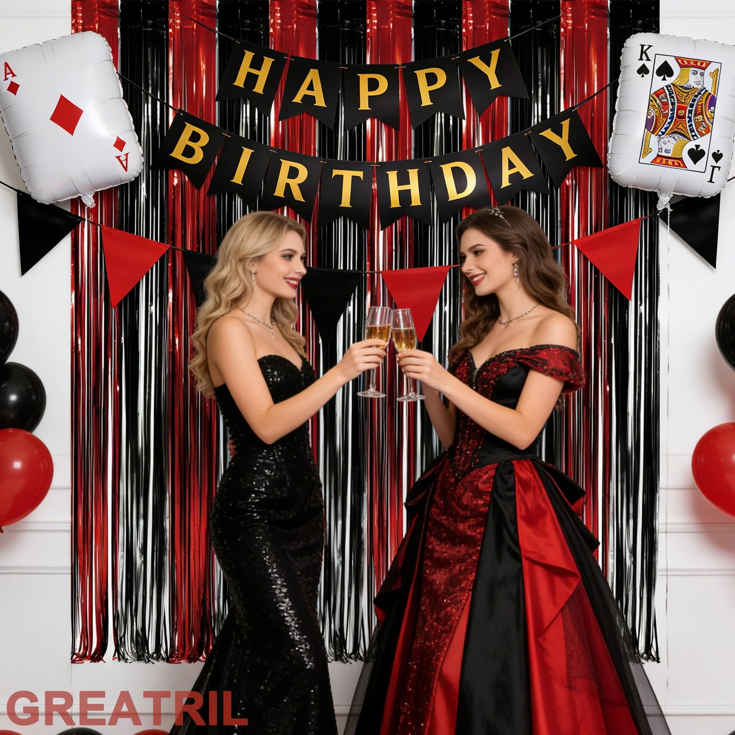 Black Red Foil Fringe Backdrop - GREATRIL Party Tinsel Curtain Streamers for Halloween Horror Stranger Casino Graduation Birthday Party - 1m X2.5m - 2 Packs