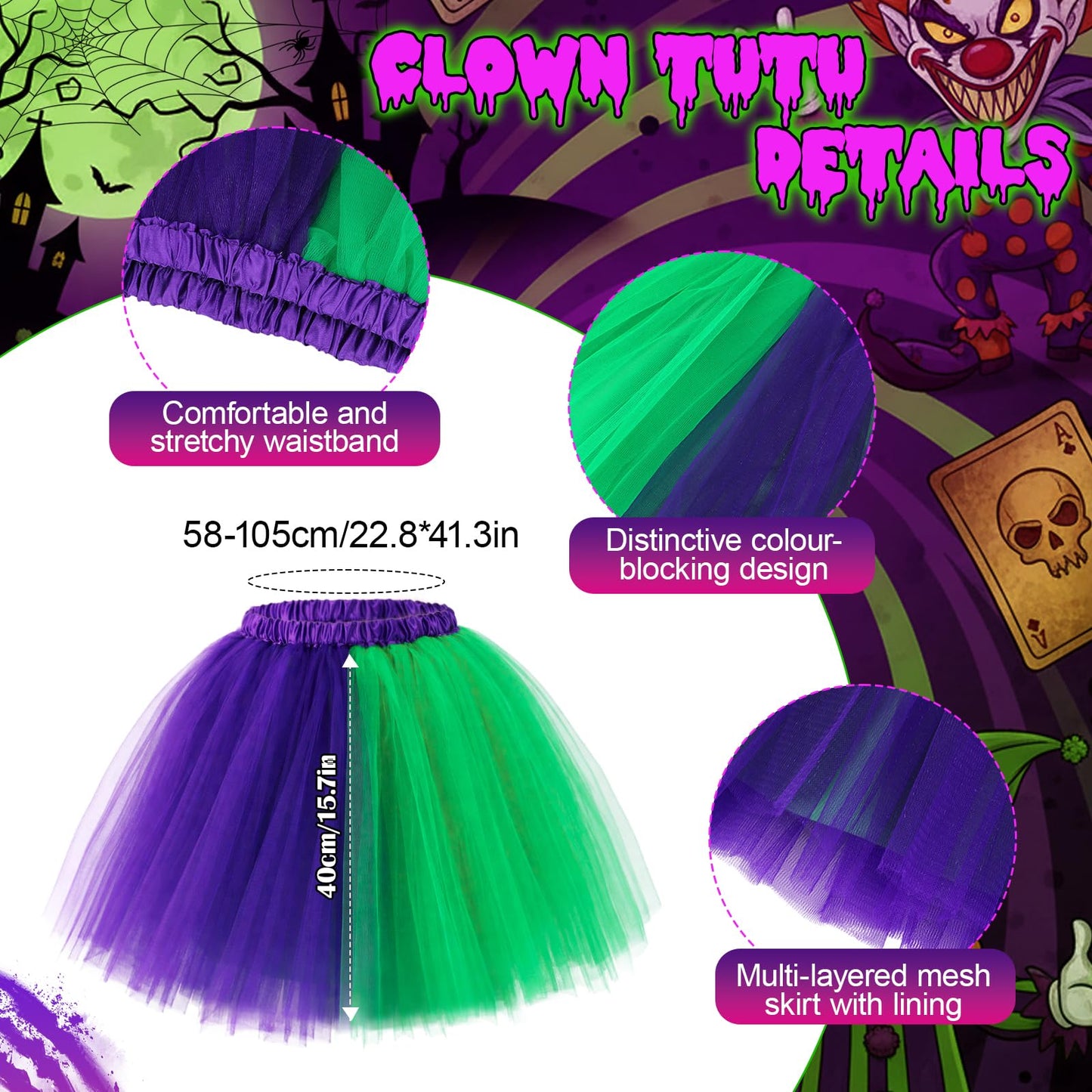 6 PCS Halloween Clown Costume Women, Joker Outfit - Clown Headband Face Tattoos Tie Gloves Knee High Socks Tutu Skirt, Harlequin Jester Joker Costume Women Accessories for Halloween Carnival Cosplay
