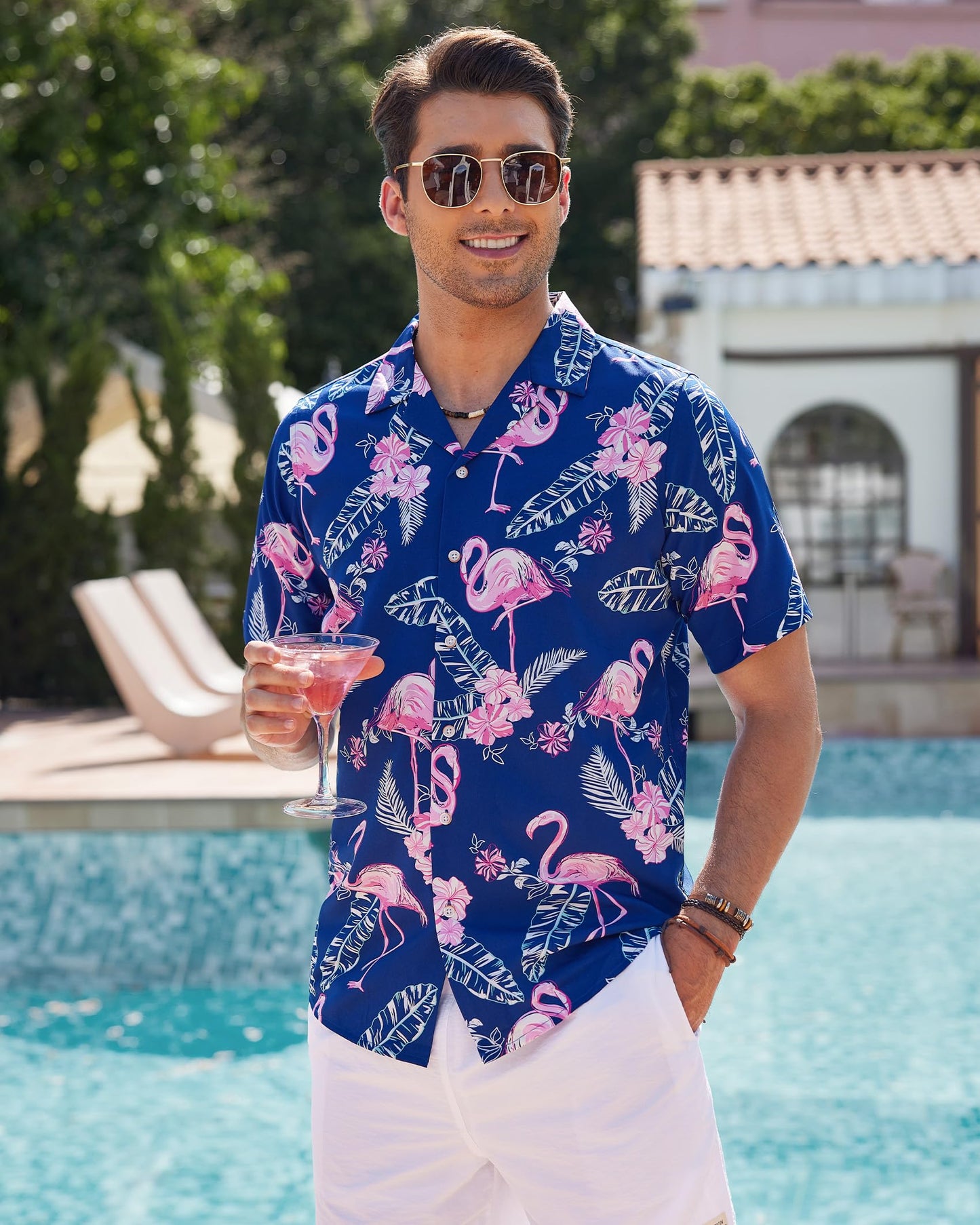 Hawaiian Shirt Short Sleeve Shirts Men Summer Blue Flamingo Beach