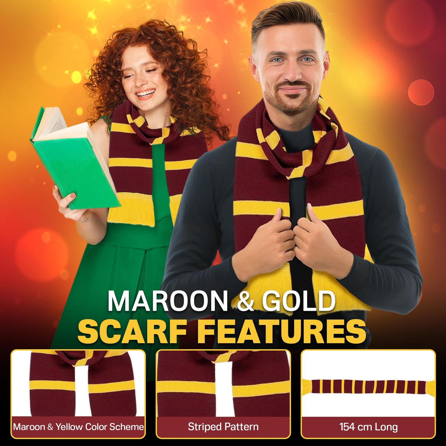 5pc Adult Wizard Costume - Wizard Accessories With Black Hooded Cape, Red and Yellow Scarf, Magic Wand, Red and Yellow Tie, Black Glasses Fancy Dress for World Book Day or Halloween Costumes for Men