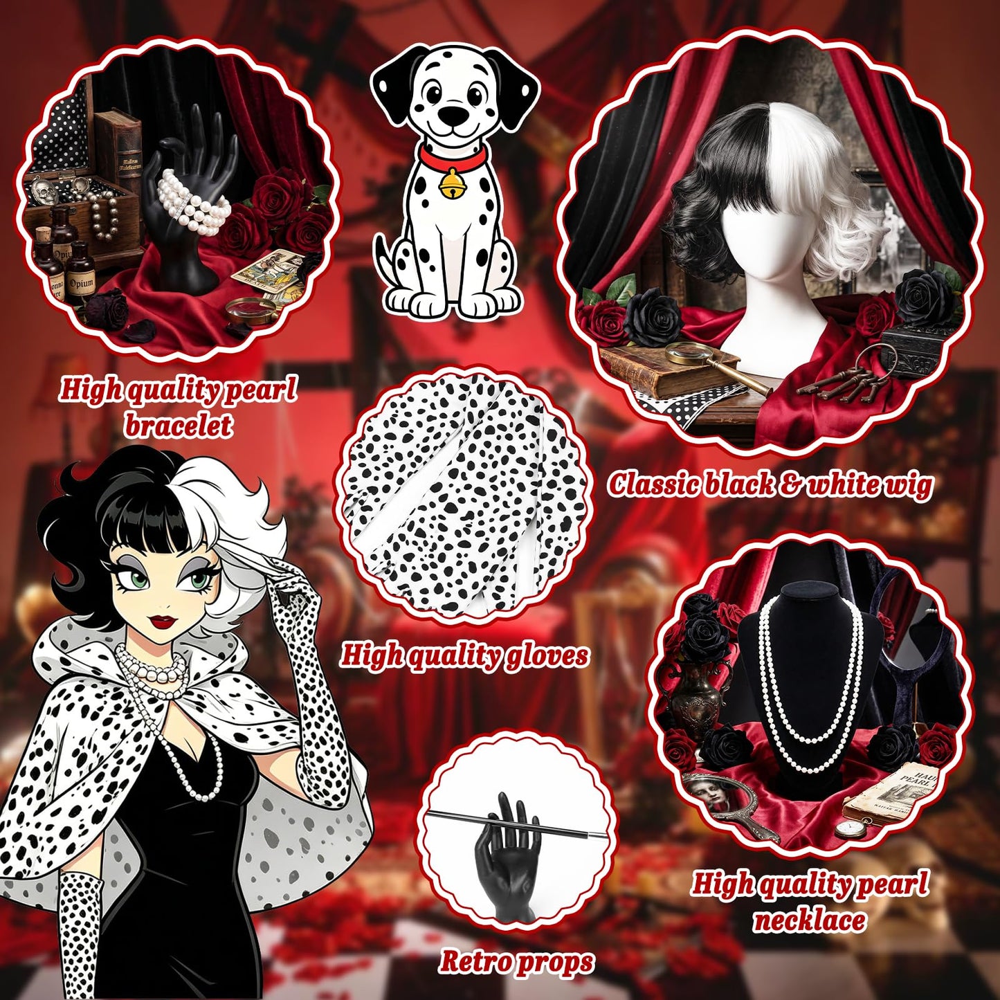 Cruella Costume Accessories Set for Women - Villain Fancy Dress Kit