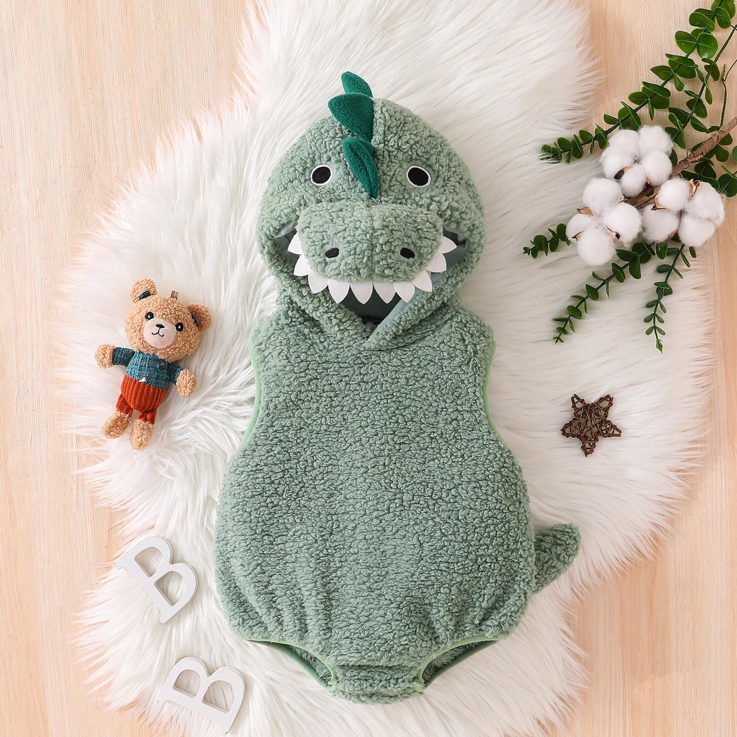 Carolilly Baby Boys Dinosaur Outfits Winter Warm Infant Baby Jumpsuit Newborn Hood Romper Plush Sleeveless Bodysuits Toddler Halloween Clothes (Green, 0-3 Months)