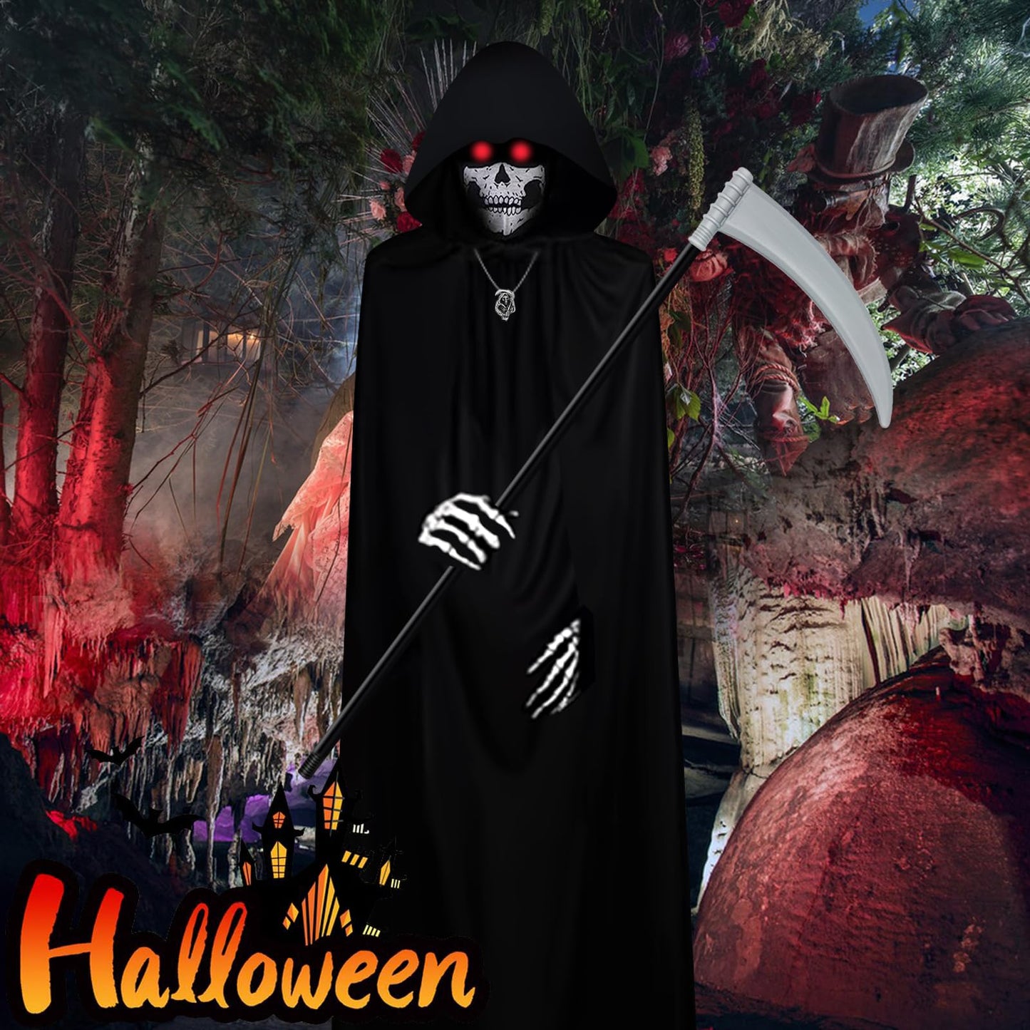 Gatwrmth 6-Piece Grim Reaper Costume Halloween Fancy Dress – Hooded Velvet Cloak with Skull Mask, Skeleton Gloves, Scythe Prop, Skull Necklace & Temporary Tattoos – One Size Fits Most Teens & Adults