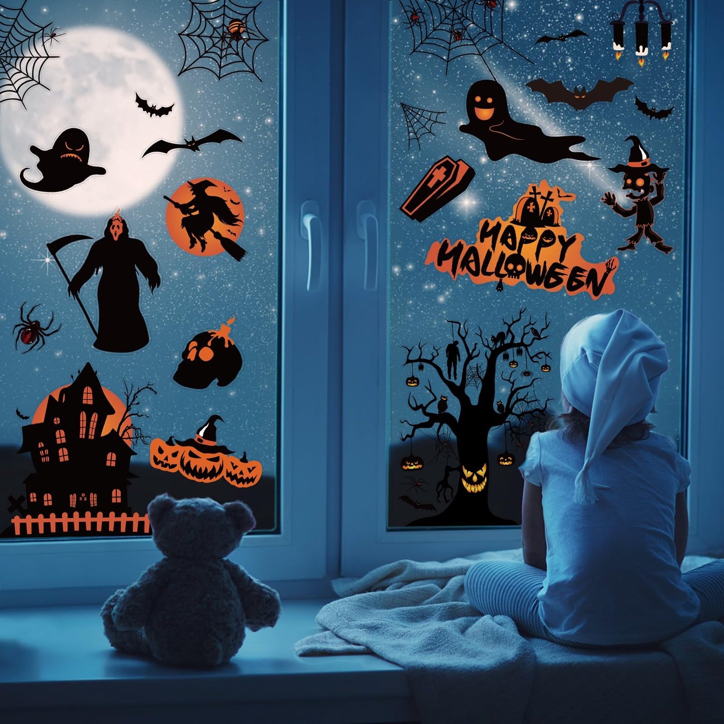 Halloween Decorations | 8 Sheet Halloween Window Stickers Clings Decals | Double Sided Reuseable Bats Spider Ghost Pumpkin Halloween Party |