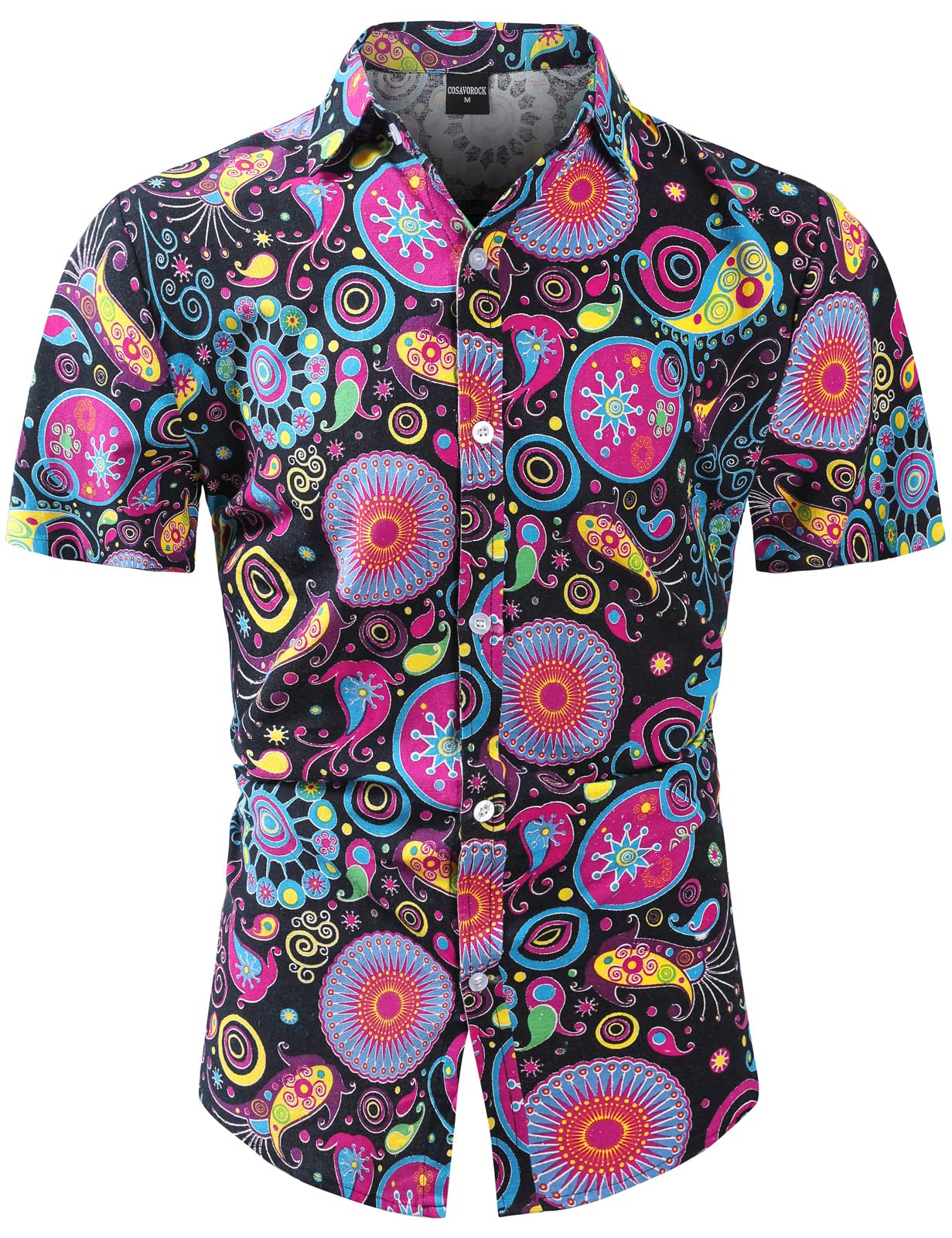 COSAVOROCK Mens 70s Hippie Shirt Hippy Fancy Dress Ugly Funky Casual Hawaiian Shirts L