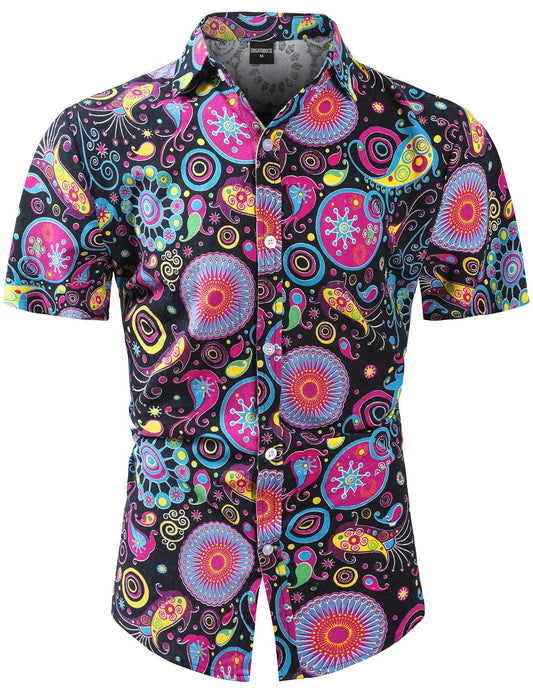 Mens 70s hippie shirt hippy fancy dress funky casual Hawaiian
