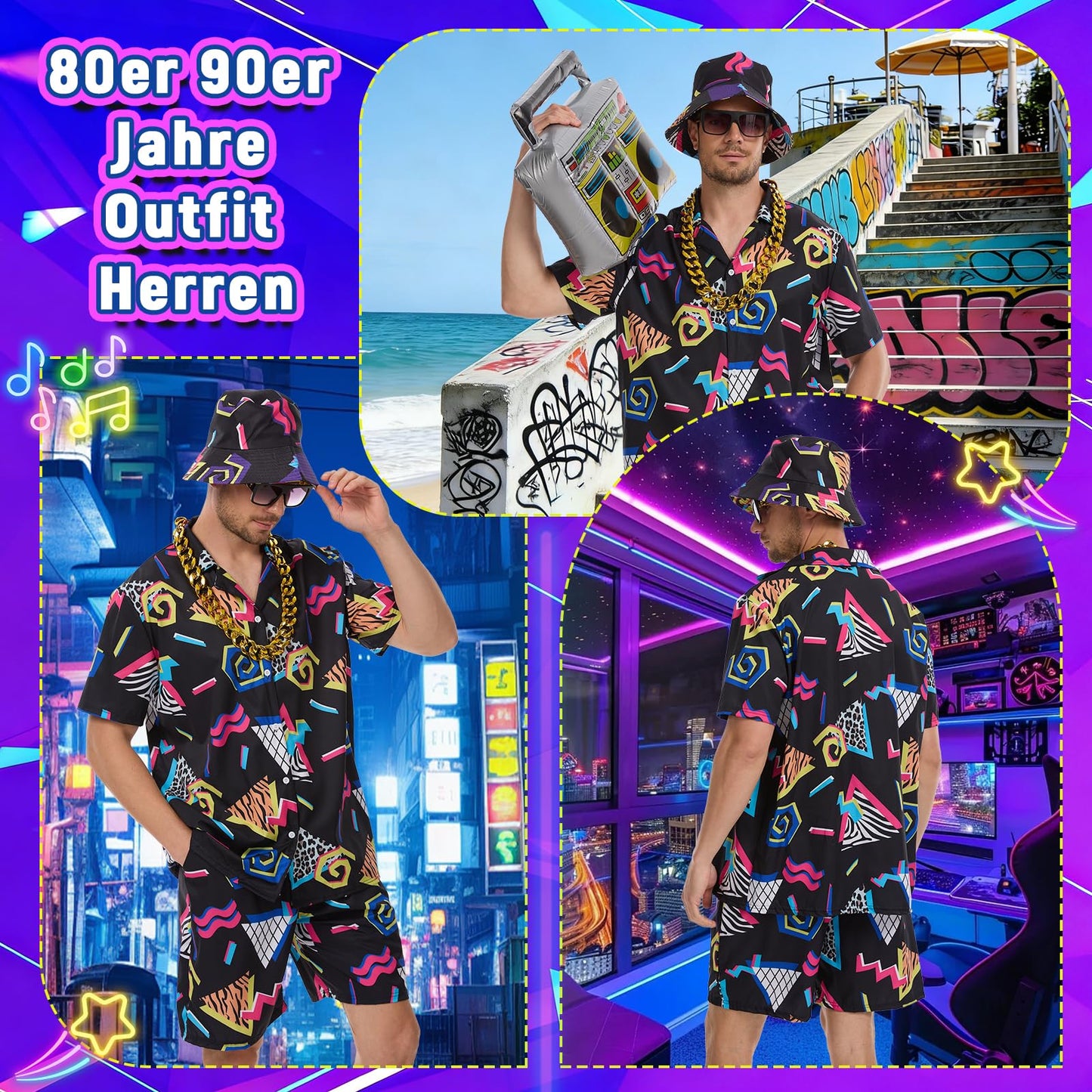 HZVRTN 80s Fancy Dress Men Hip-Hop T-Shirts And Shorts Set, 7Pcs Retro 80s 90s Hip-Hop Sportswear, Shell Suit Mens Fancy Dress Costume for Beach Party, Music Festival, Carnival, Disco (Black, L)