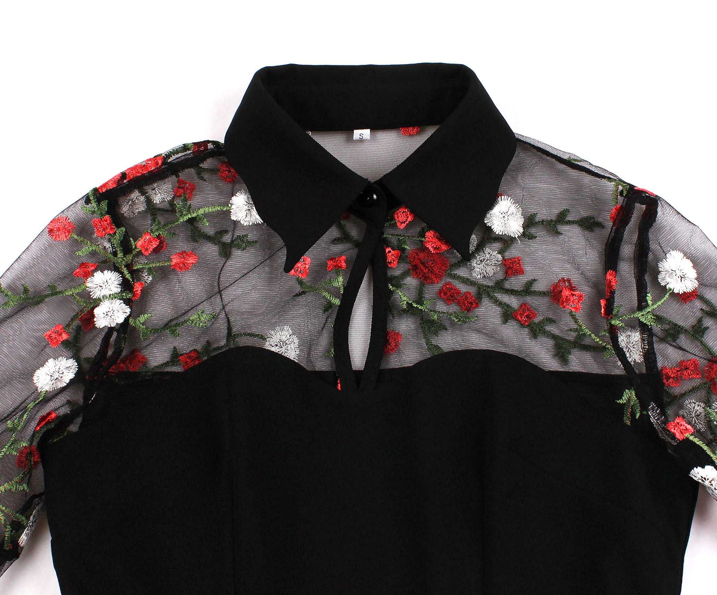 Wellwits Women's Embroidery Mesh Bell Sleeve Gothic Dress Floral in Black 4XL