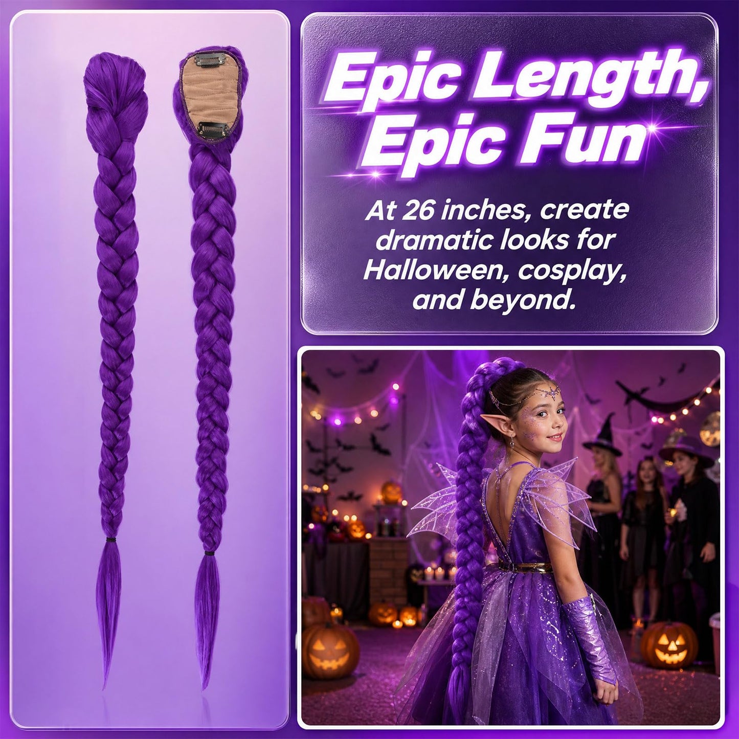 Purple Wig Braided Ponytail Hair Extensions for Women and Girls