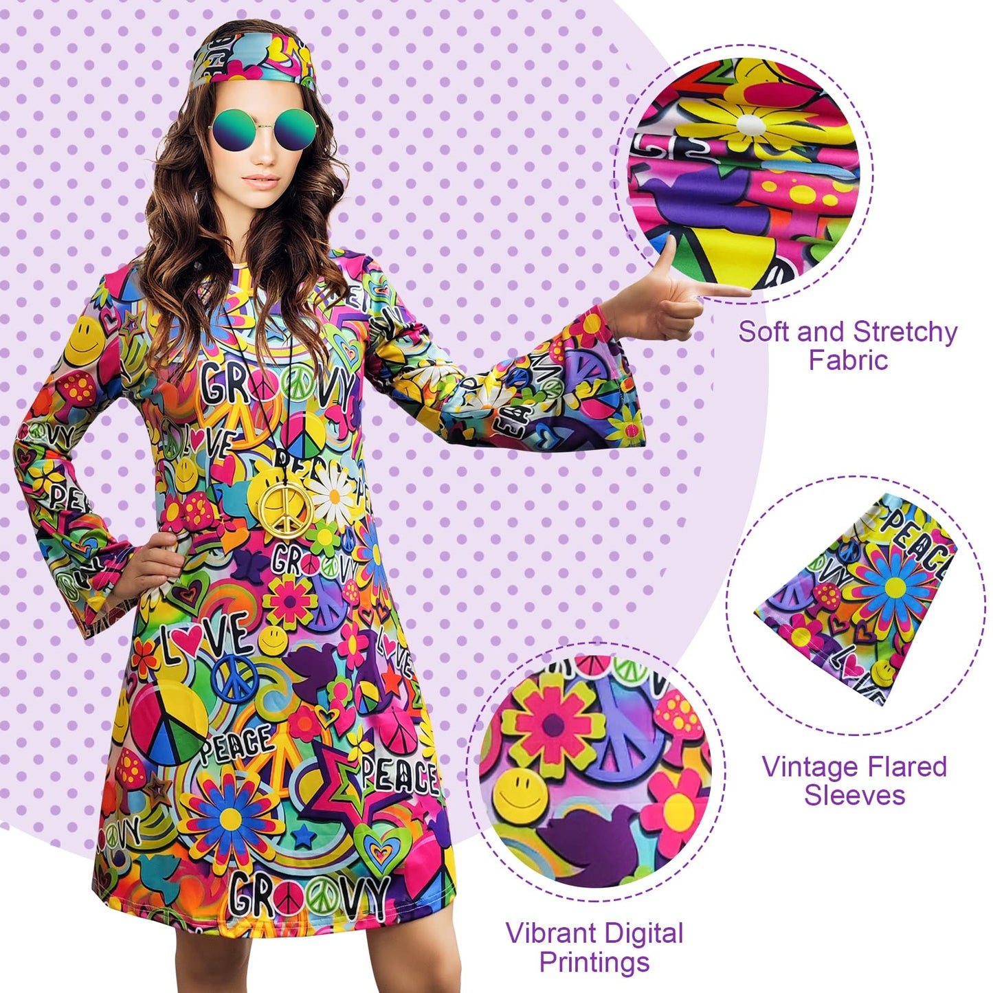 MRYUWB 70s Hippie Dress Costumes Necklace Earrings Sunglass Women Disco Outfit, 60s Party Costume, Halloween Retro Dresses (Love and Peace, 3XL) (F0154)