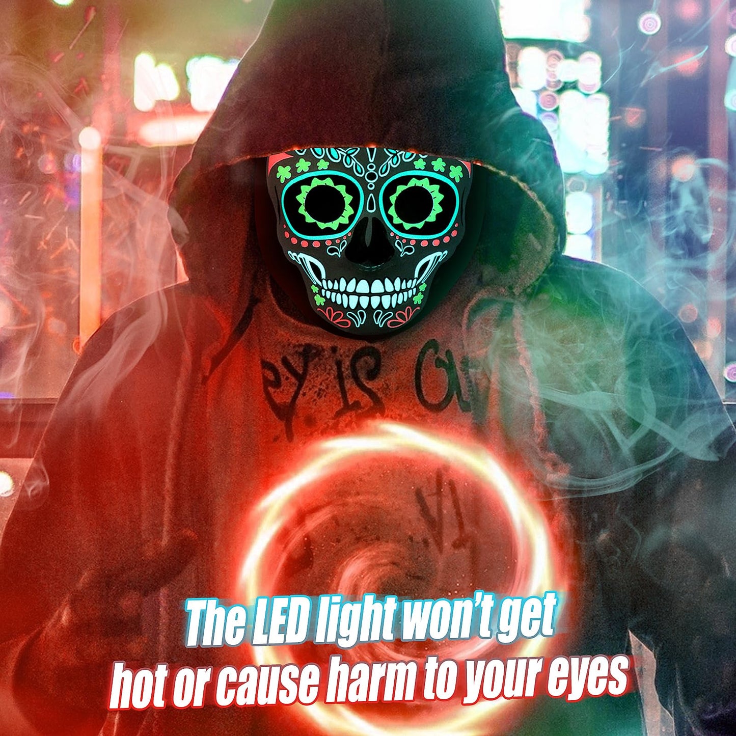 Meetory LED Halloween Mask for Adults, Light Up Mask Costume Day of the Dead Mask with 3 Lighting Modes and Adjustable Headband, Halloween Face Mask for Men Women