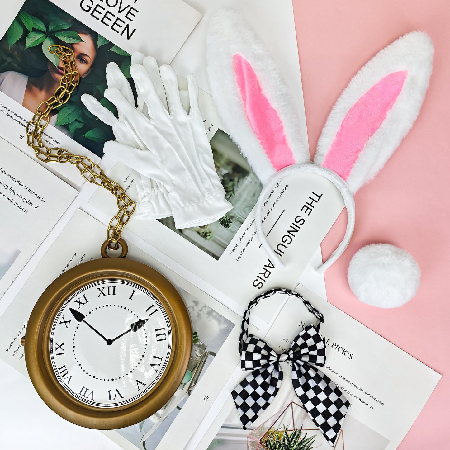Amlisia 5 PCS White Rabbit Costume Accessories, Bunny Costume with Ears Headband and Tail Clock Bow Tie for Women Men for Easter World Book Day Book Character Dress up Halloween Cosplay
