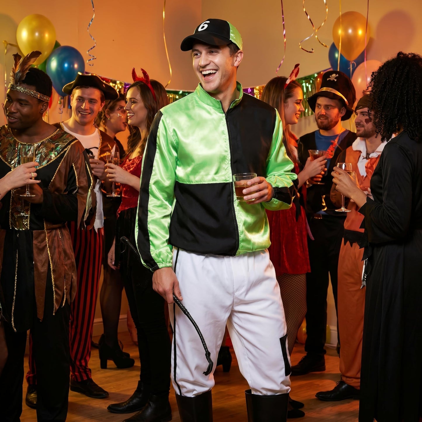 HENBRANDT Adult Men’s Green and Black Horse Jockey Outfit with Peaked Hat and Boot Covers Sports Fancy Dress Costume Racing Jockey Dress Up Outfit One Size Mens Fancy Dress Costume