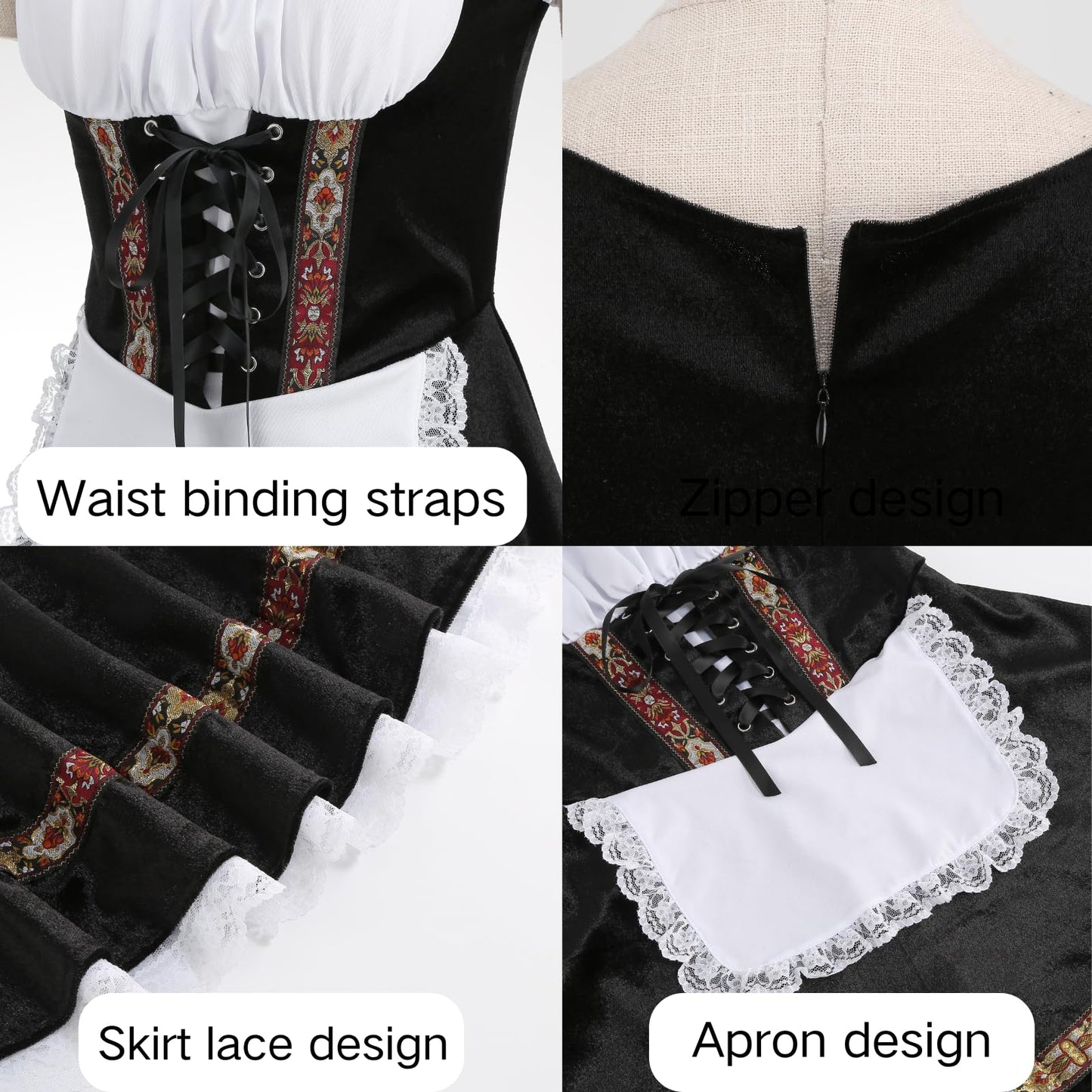 maxToonrain Oktoberfest Outfit Women Puff Sleeve Velvet Bavarian Beer Maid Dress with Foral Embroidery, Lace Trim, Apron & Choker for Halloween, Themed Parties & Beer Festivals (Black, L)