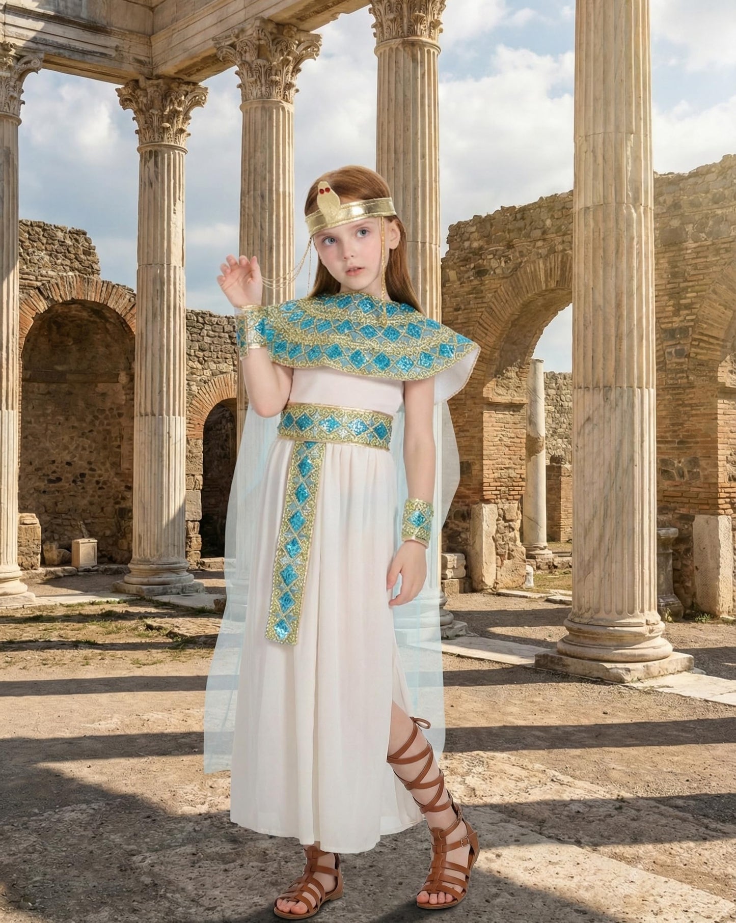 IKALI Girls Cleopatra Costume, 5 Pcs Egyptian Queen Dress Ancient Outfit for Kids Egyptian Girl World Book Day 8-10 Years