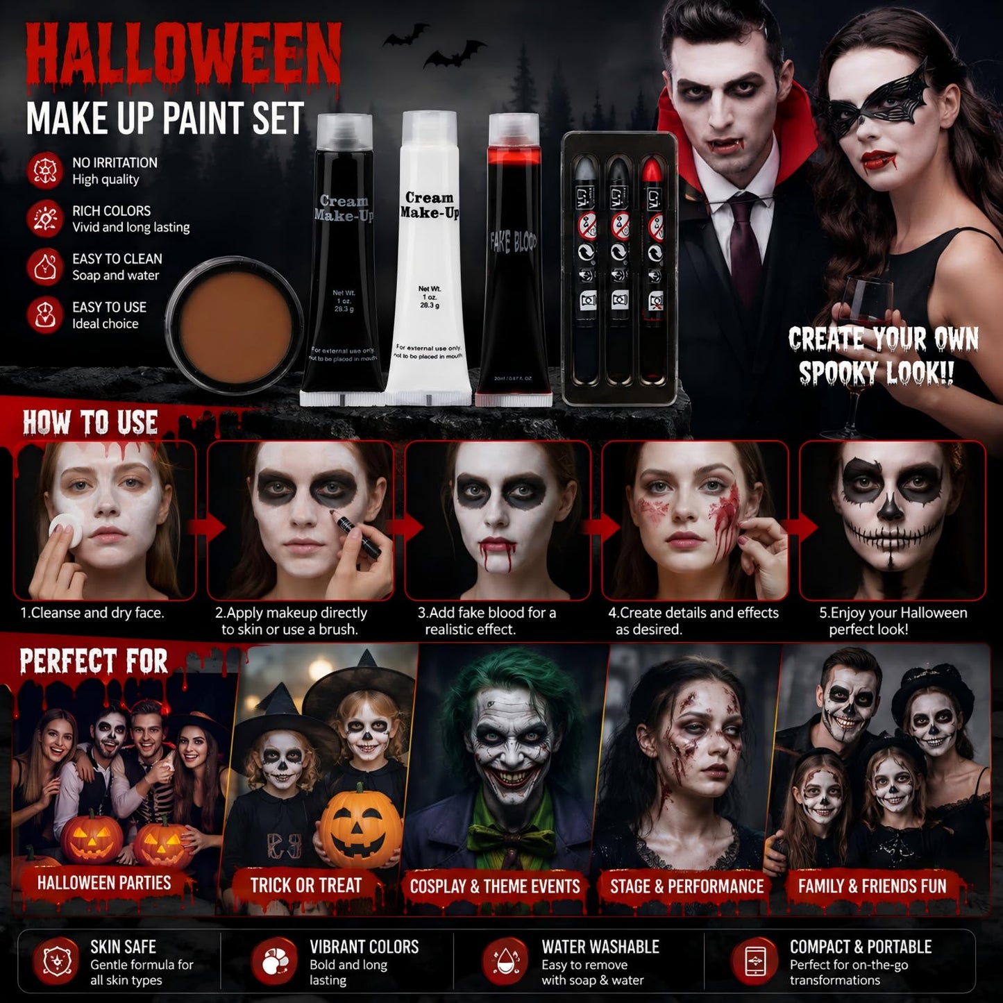 Halloween Makeup Set, Black + White Face & Body Paint, Scar Wax SFX Makeup Kit Washable Fake Blood, Halloween Face Body Paint Oil Sfx Makeup Set, for Halloween Cosplay, Fancy Dress Festivals