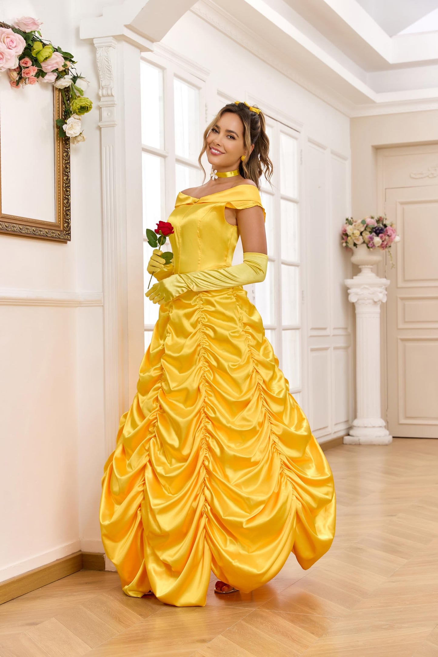 Princess Belle Costume Women Beauty Fairytale Long Dress Gown Off (image 4)