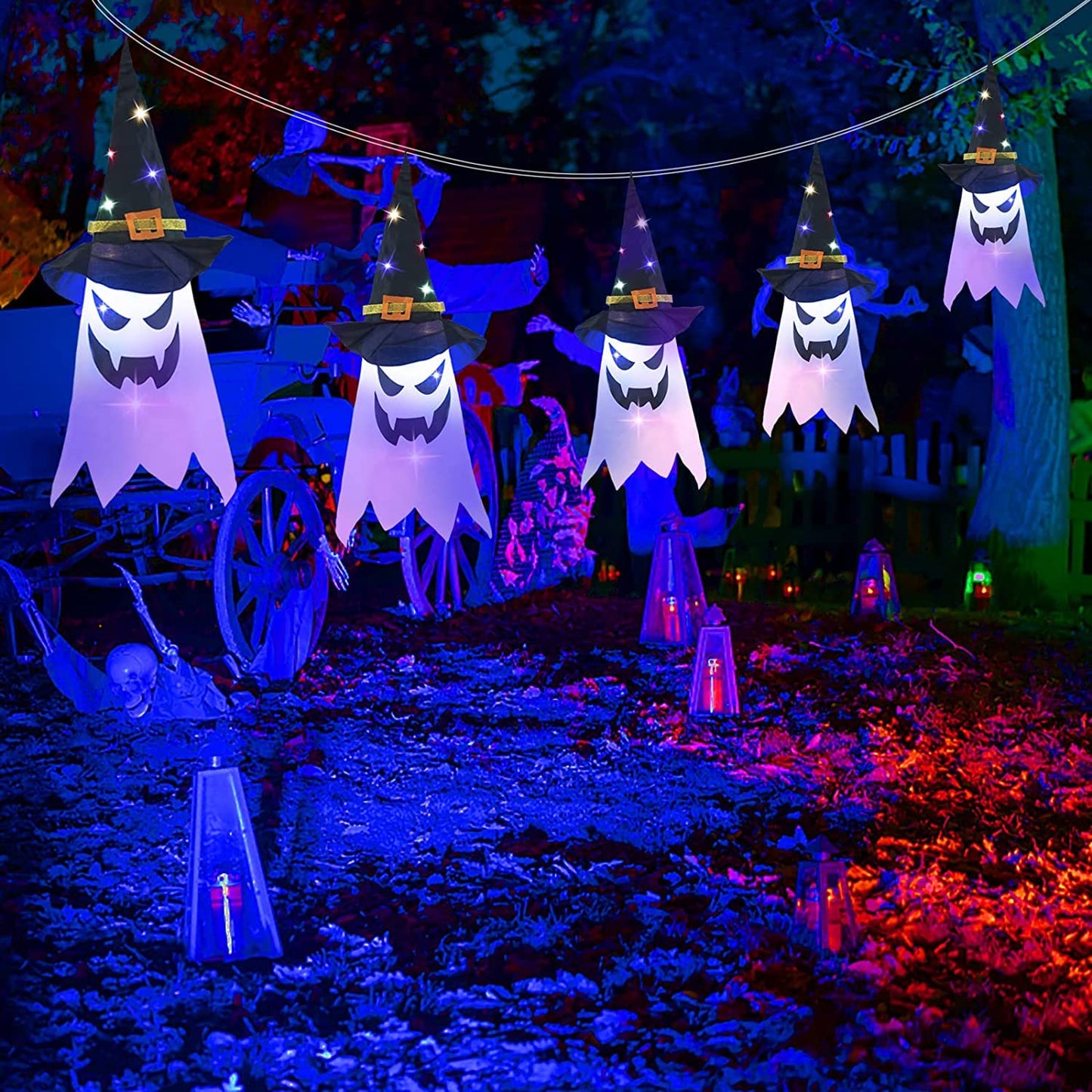 SHAVINGFUN Halloween Decorations Outdoor,5 Pcs Extra Long Glowing Ghost Witch Hat Halloween Indoor Decorations,3 M Waterproof Glowing Witch Hat for Garden, Yard, Tree