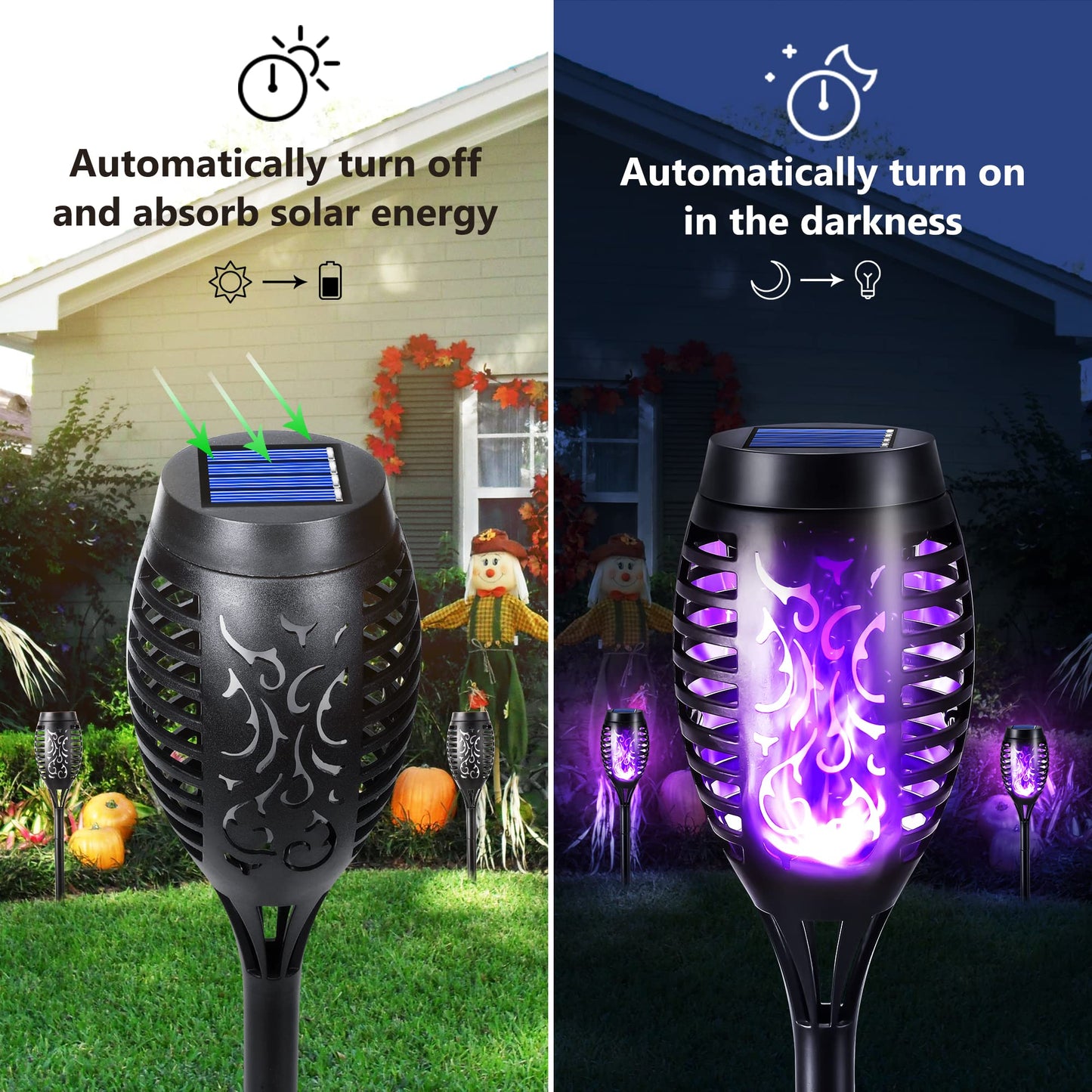 Geemoo 6 Pack Solar Flickering Dancing Flame Lights Purple Waterproof Solar Torch Lights for Outdoor Garden Patio Pathway Yard Driveway Halloween Decorative
