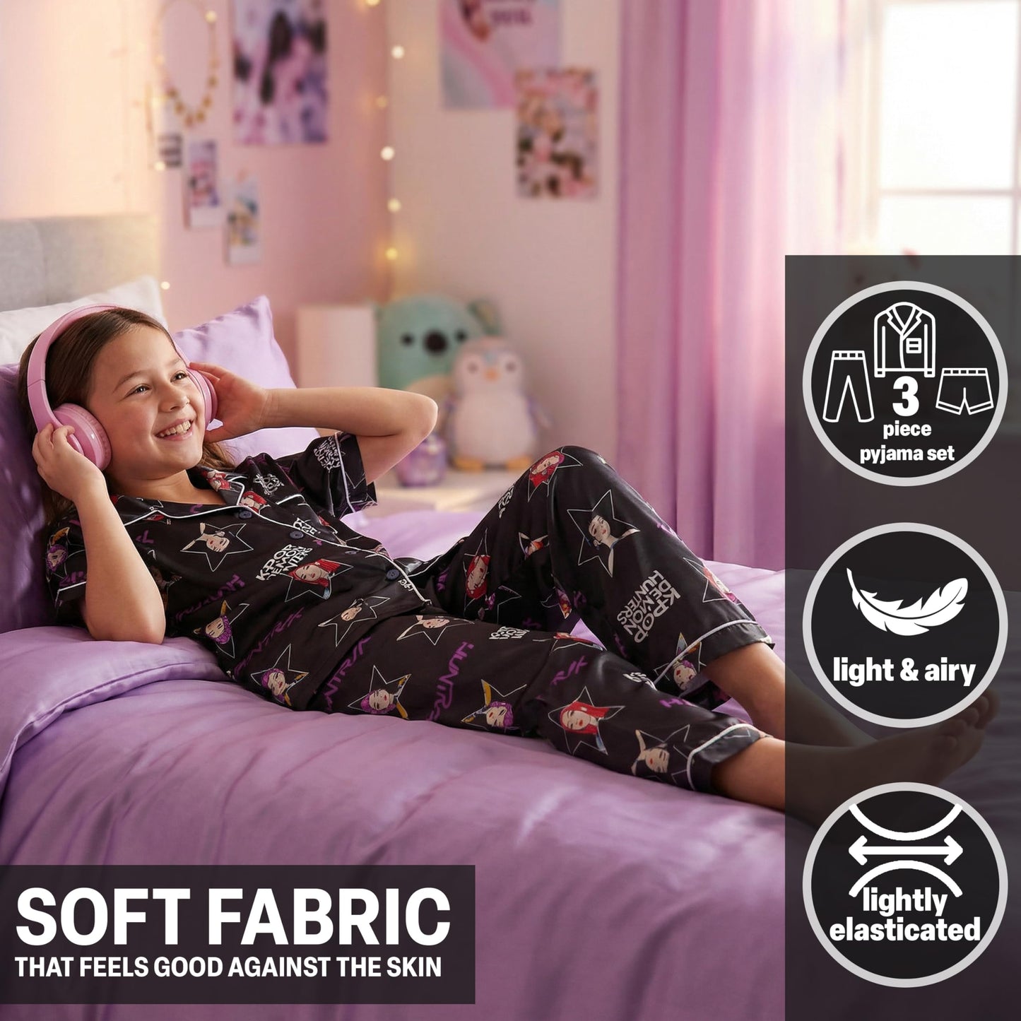 KPop Demon Hunters Huntrix Girls Satin Pyjama Set Yrs - Button-Down