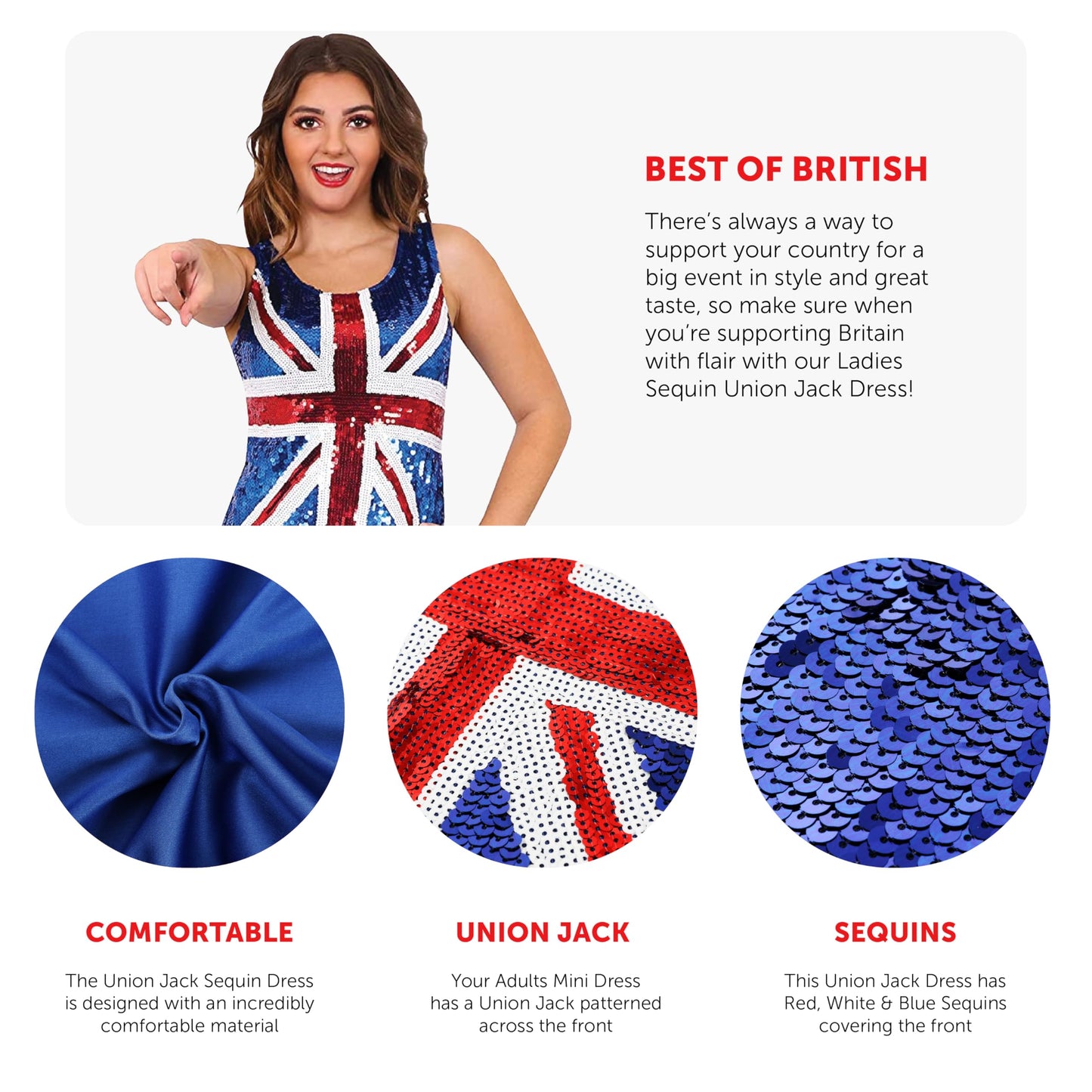 Ladies Sequin Union Jack Dress - X-Small - Red, White and Blue Dress with Union Jack Print - King's, 90s Music Icons, Brit Pop, VE Day Costume VE DAY COMMONWEALTH