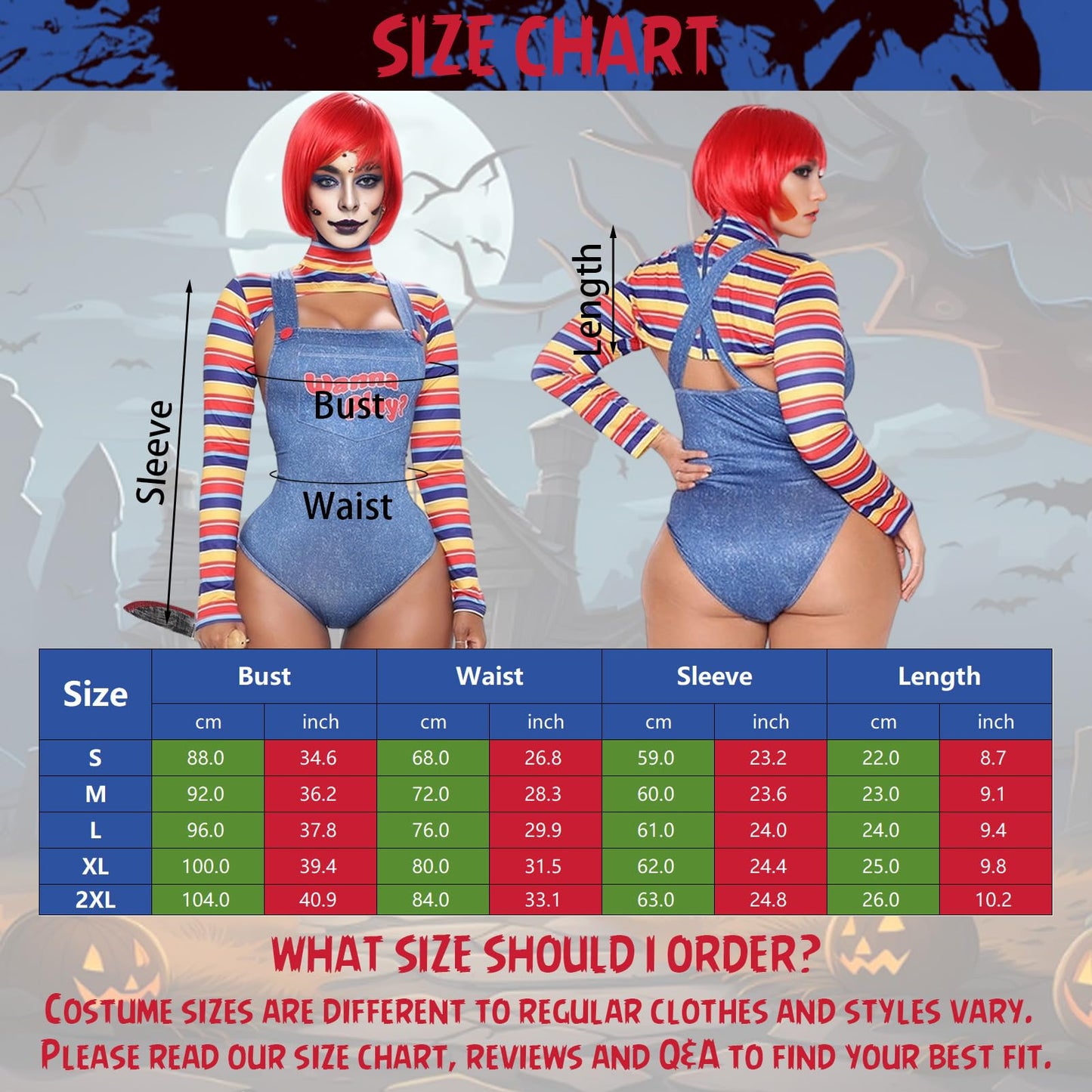 HarnyLoom Chucky Costume Women, Chucky Scary Costumes for Adult Girls Tops Overalls Killer Bloody Outfit Halloween Party Fancy Dress (M)