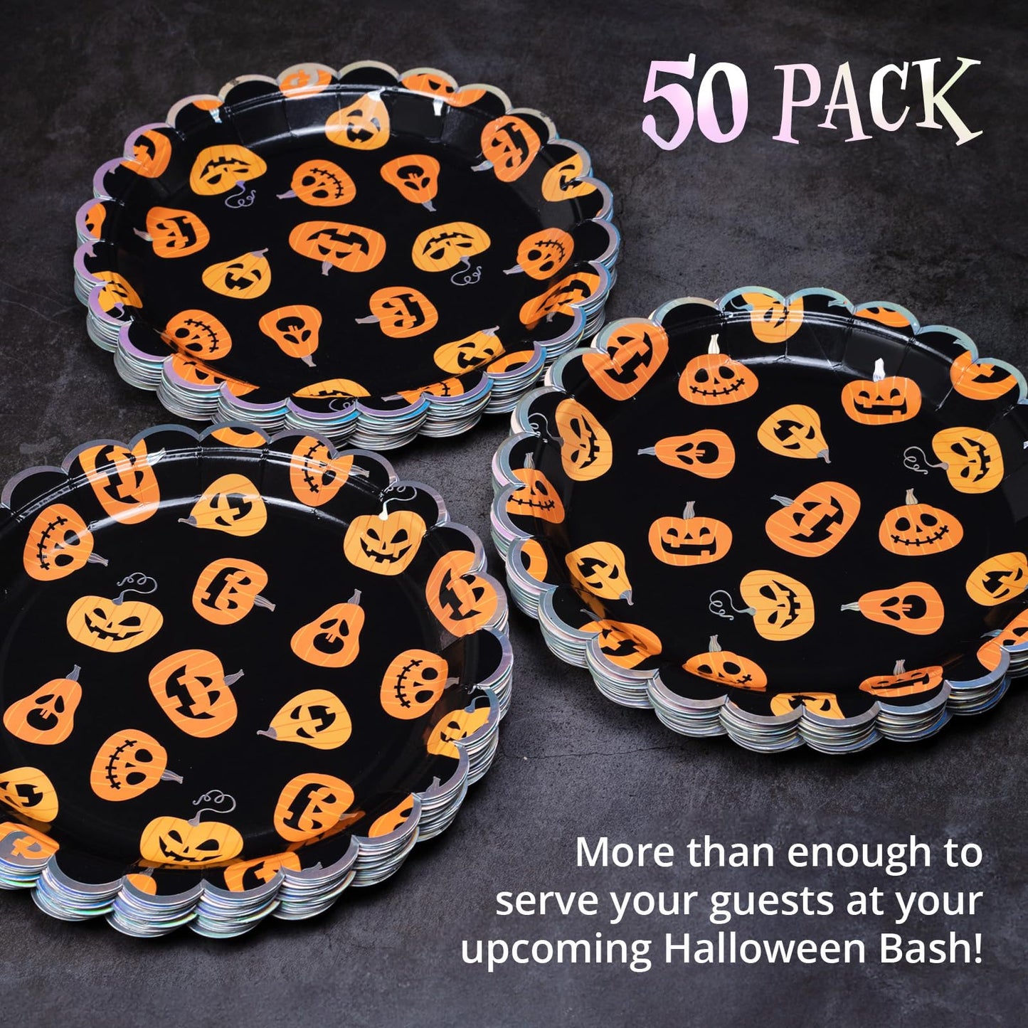 Halloween Paper Plates, 50-Count Disposable Halloween Dinner Plates, Scalloped, Party Supplies, Jack O' Lantern, Iridescent Silver Foil
