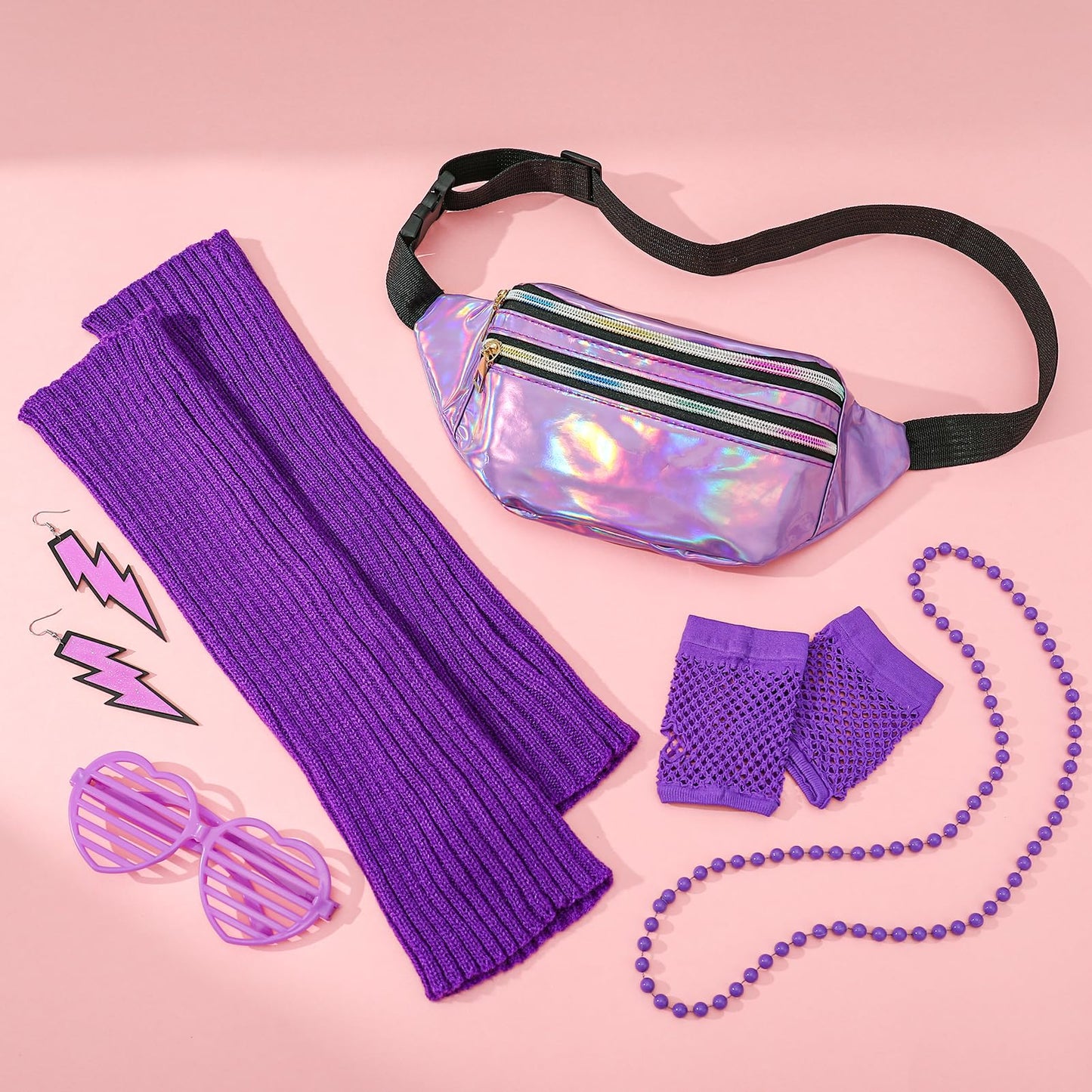 ViEinkaufen 80s Fancy Dress for women, 90s Fancy Dress Costumes Set Waist Bag Neon Leg Warmers Fishnet Gloves Sunglasses Earrings Necklace Neon Party Accessories