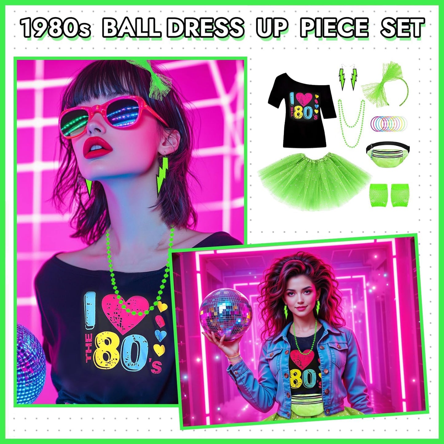 Glirop Ladies 80s Fancy Dress Costume, 1980s Costume Outfits Accessories Set with T-Shirt Tutu Skirt Bag Gloves Headband Earrings Necklace Bracelets for Women Girls Retro Theme Hen Party
