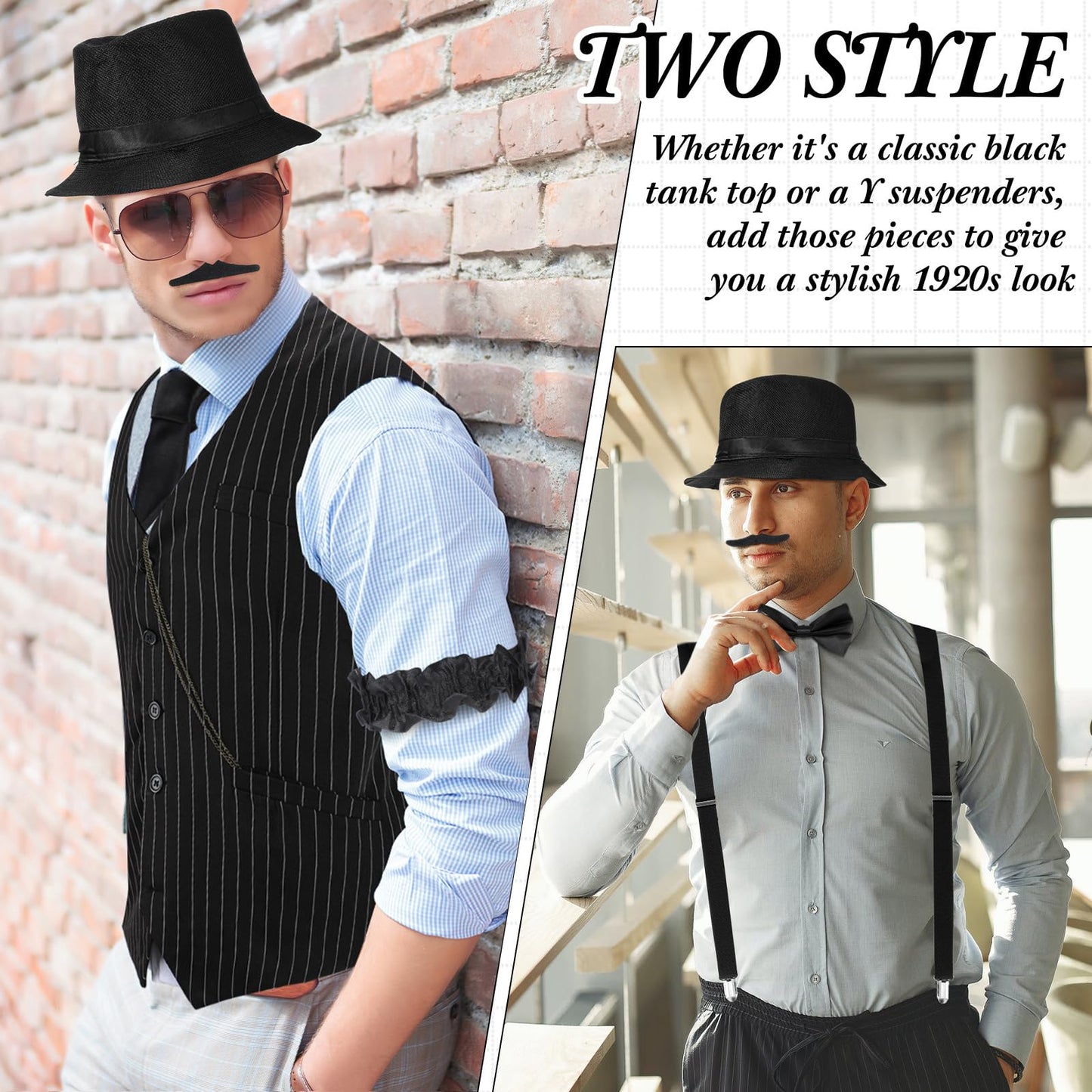 1920s Men's Costume Accessories Set - Vest Hat Suspenders