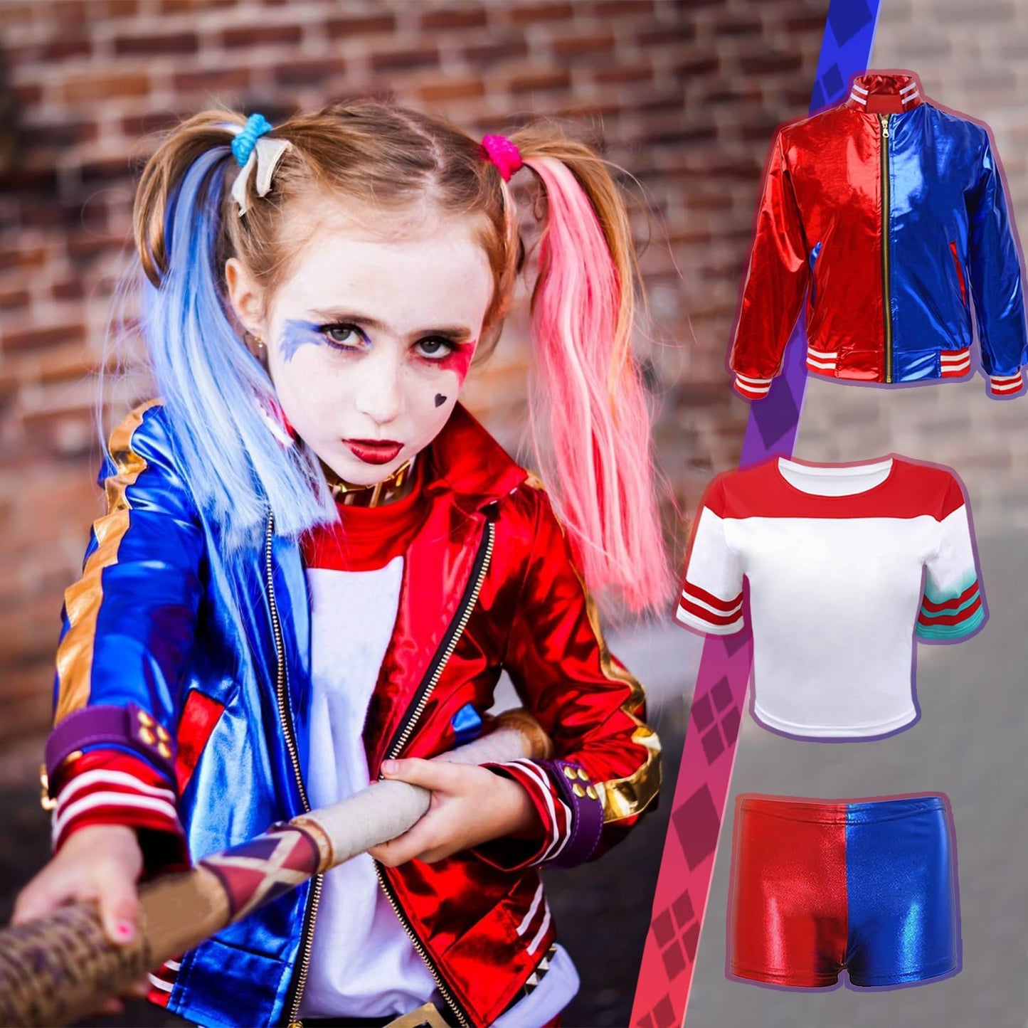 UxClishe 6 Pcs Costume Set, Costume Outfit Cosplay Fancy Dress with Jacket T-shirt Shorts Glove Necklace Temporary Tattoos Costume Kit for World Book Day Halloween Carnival Party