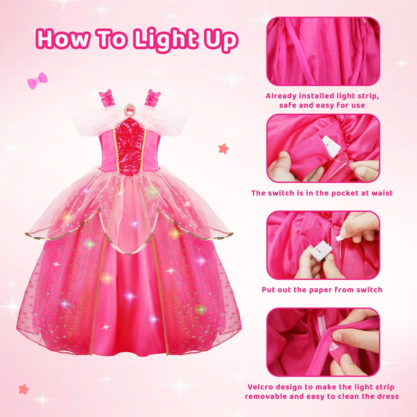 MELAND Princess Costumes for Girls, Sleeping Light Up Princess Dress Up for Girls Age 3-10 Years, Rose Pink Fancy Dress for Kids & Toddlers Birthday Party Costumes (M)